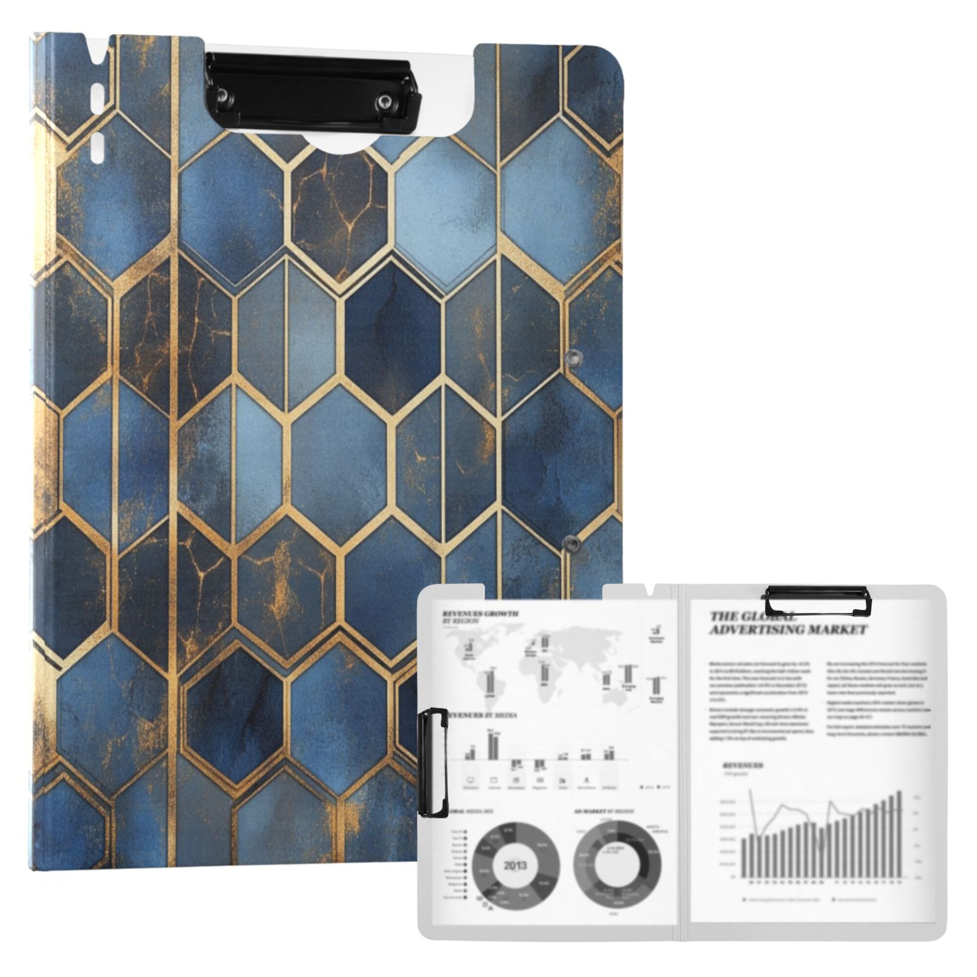 FORMRS A4 Clipboard Folder with Pen Holder Horizontal Foldable School Office Binder, Elegant Hexagon Pattern