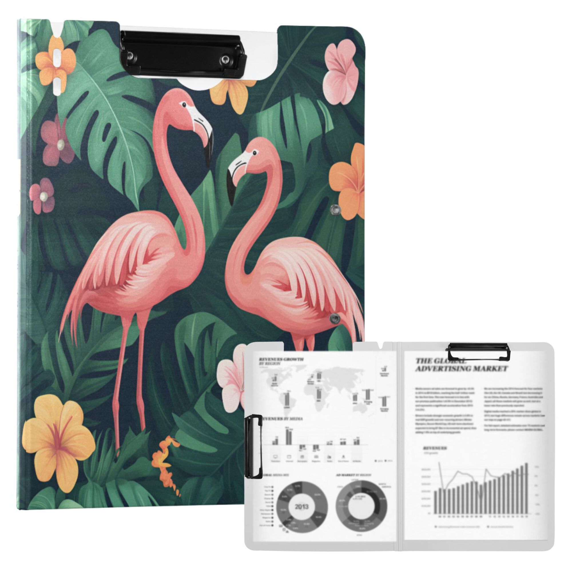 FORMRS A4 Clipboard Folder with Pen Holder Horizontal Foldable School Office Binder, Flamingo Leaves Pattern