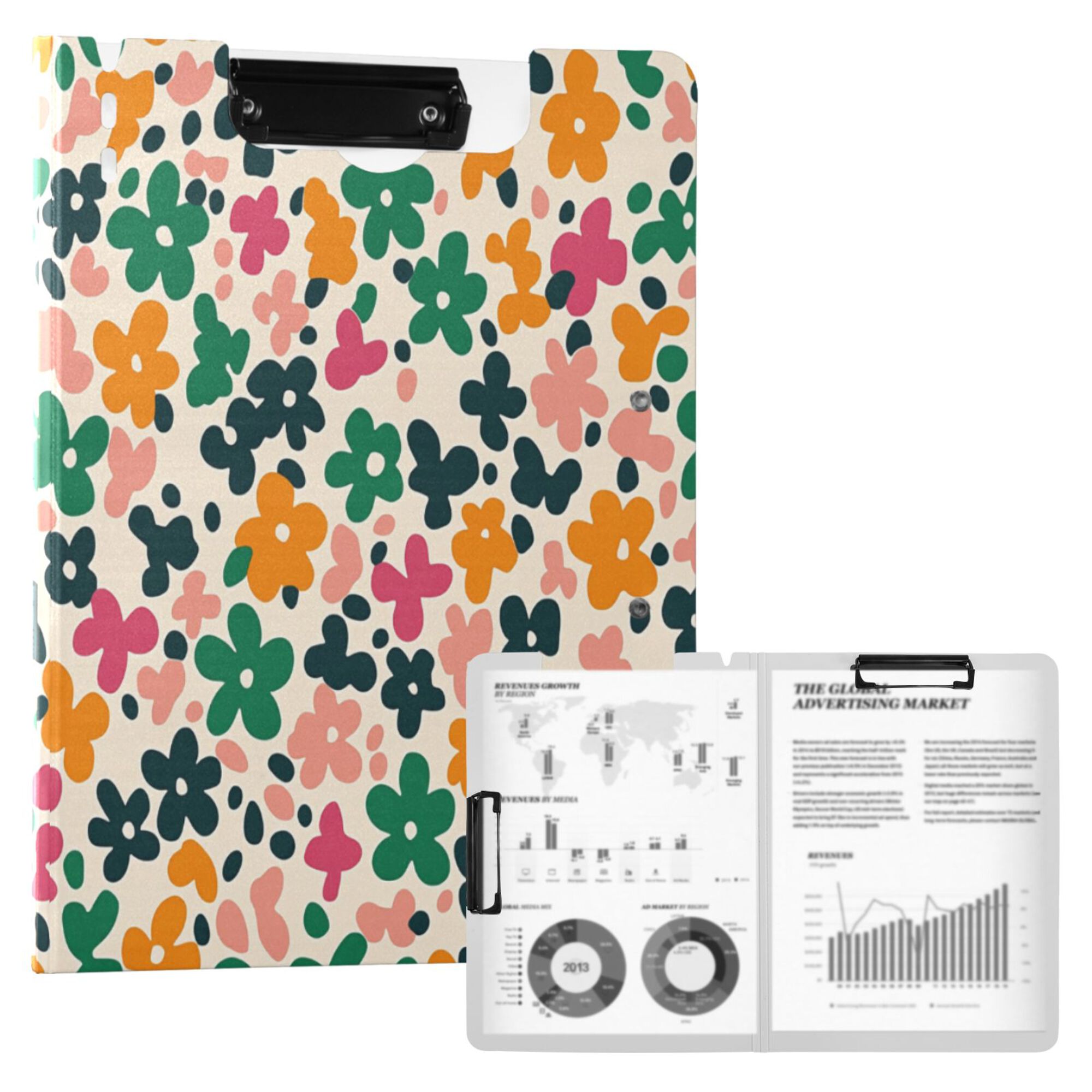 FORMRS A4 Clipboard Folder with Pen Holder Horizontal Foldable School Office Binder, Floral Blooms