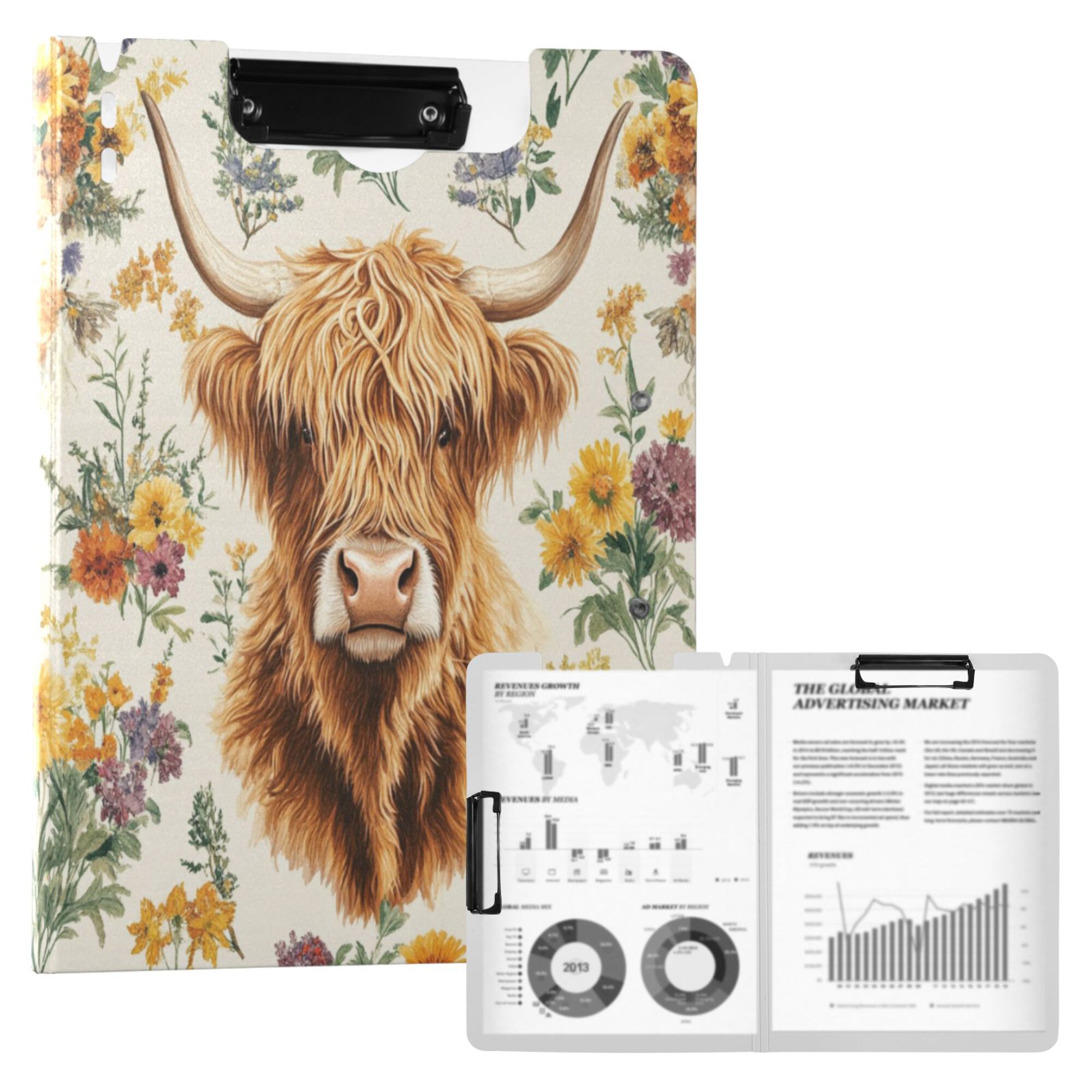 FORMRS A4 Clipboard Folder with Pen Holder Horizontal Foldable School Office Binder, Floral Cow