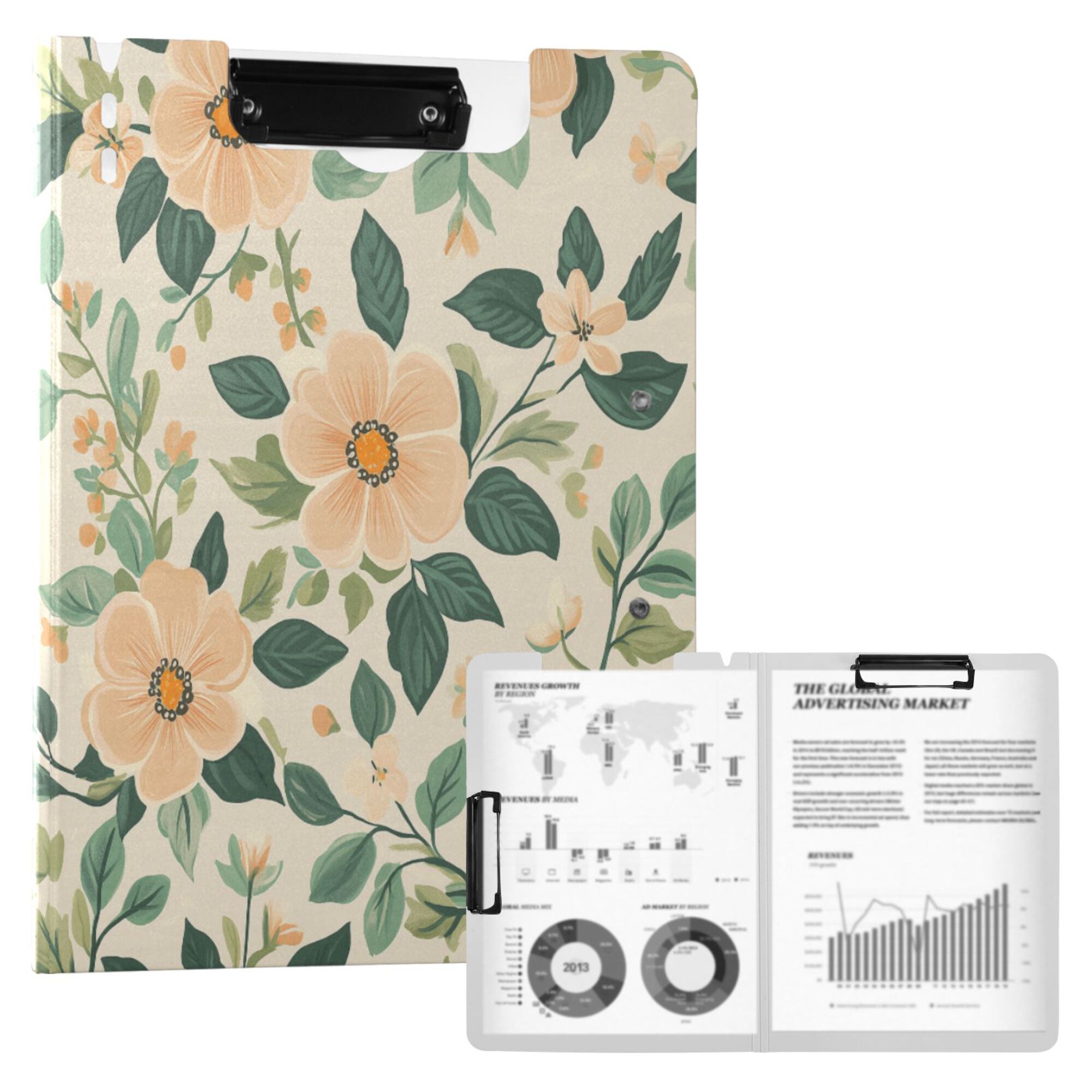 FORMRS A4 Clipboard Folder with Pen Holder Horizontal Foldable School Office Binder, Floral Design
