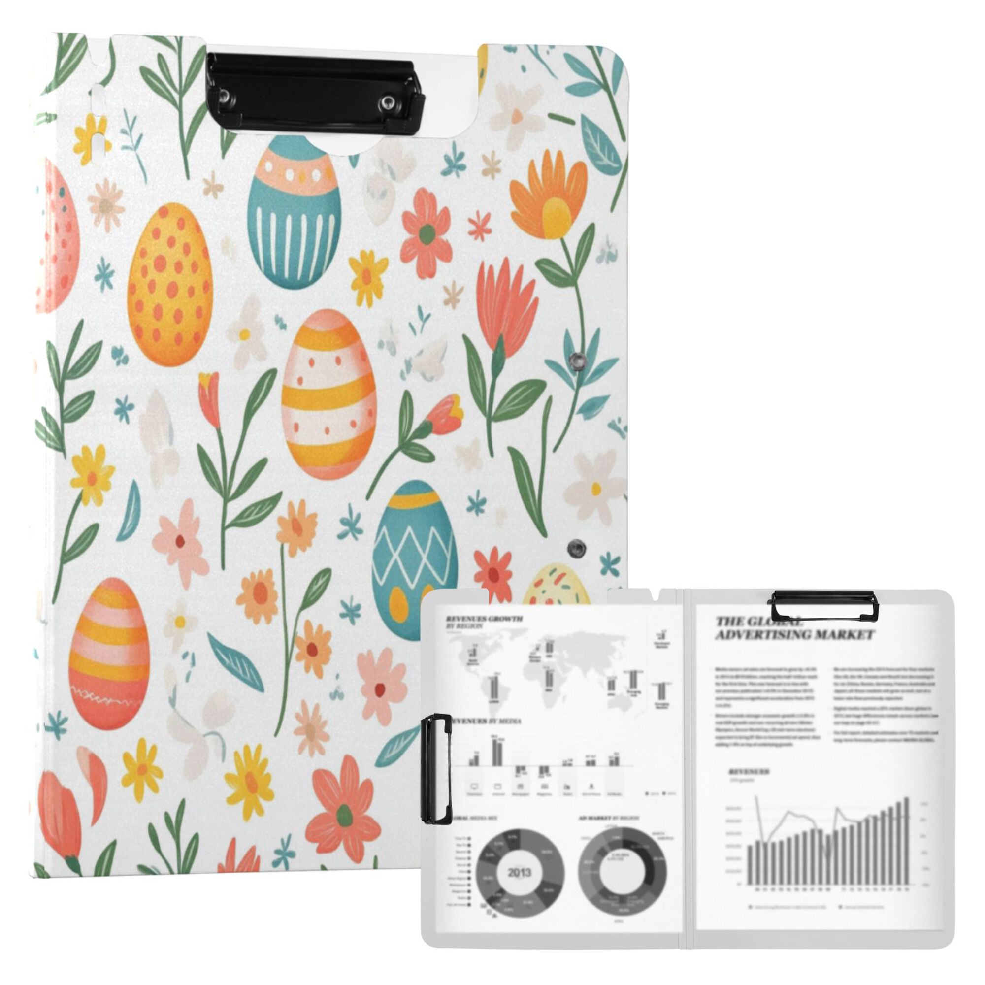 FORMRS A4 Clipboard Folder with Pen Holder Horizontal Foldable School Office Binder, Floral Easter Eggs