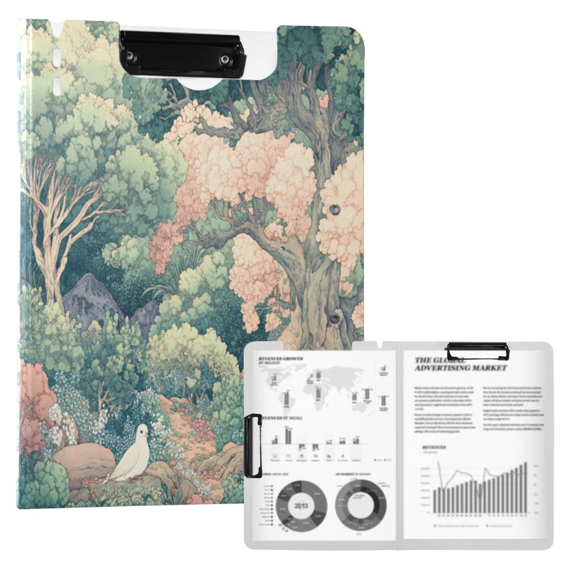 FORMRS A4 Clipboard Folder with Pen Holder Horizontal Foldable School Office Binder, Floral Forest Pattern