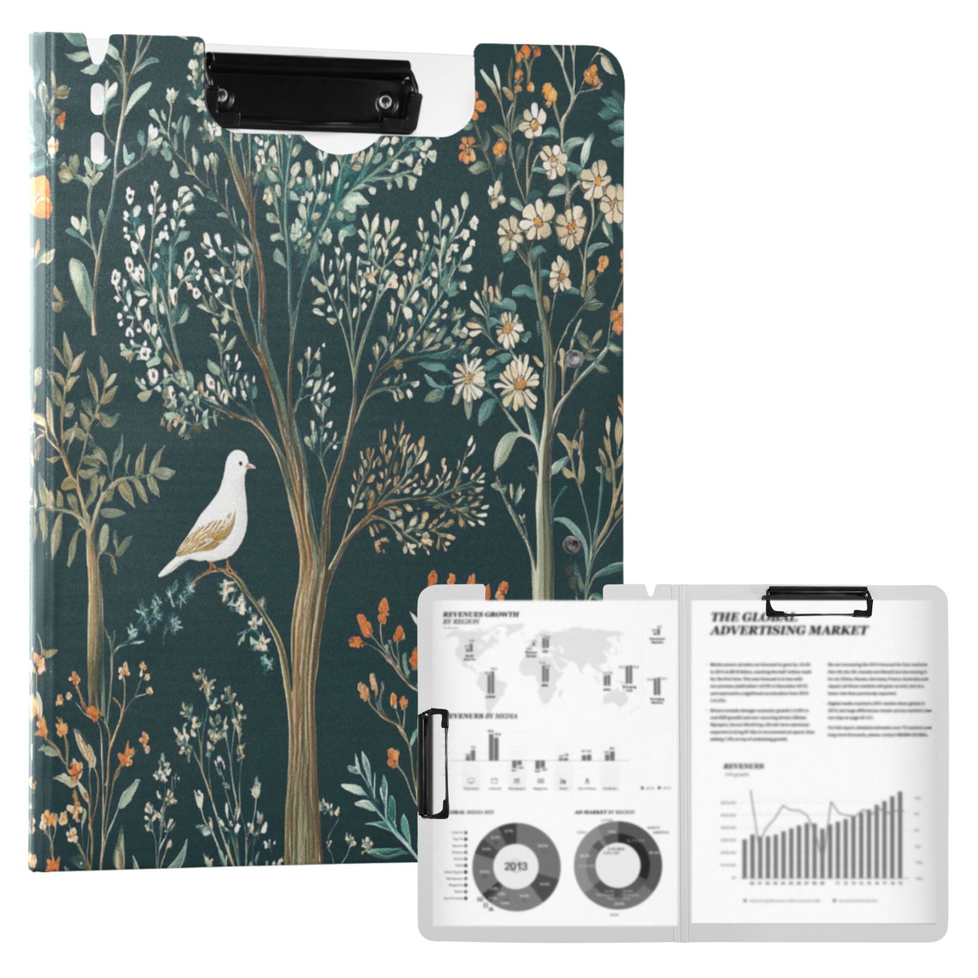 FORMRS A4 Clipboard Folder with Pen Holder Horizontal Foldable School Office Binder, Floral Forest Scene