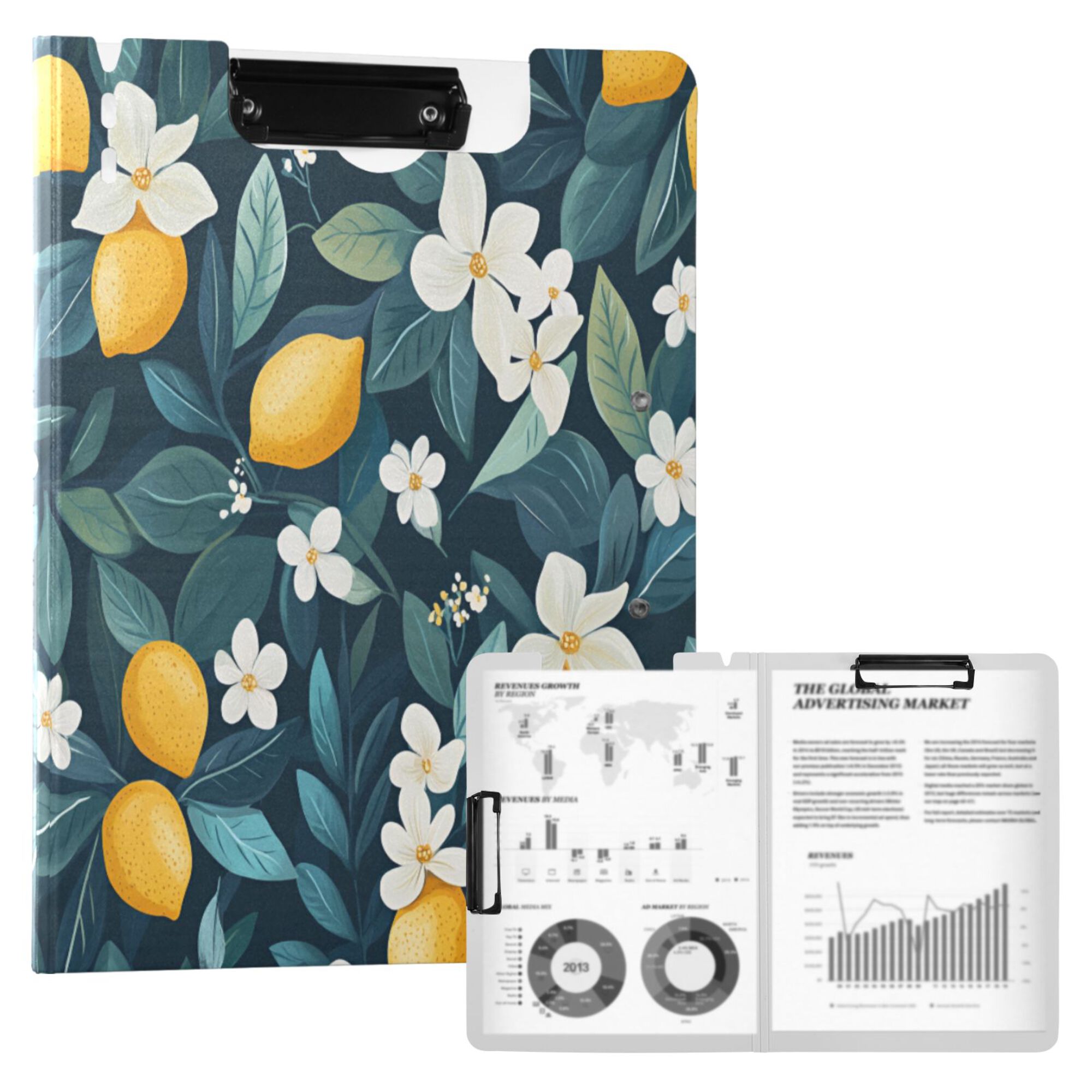 FORMRS A4 Clipboard Folder with Pen Holder Horizontal Foldable School Office Binder, Floral Lemon