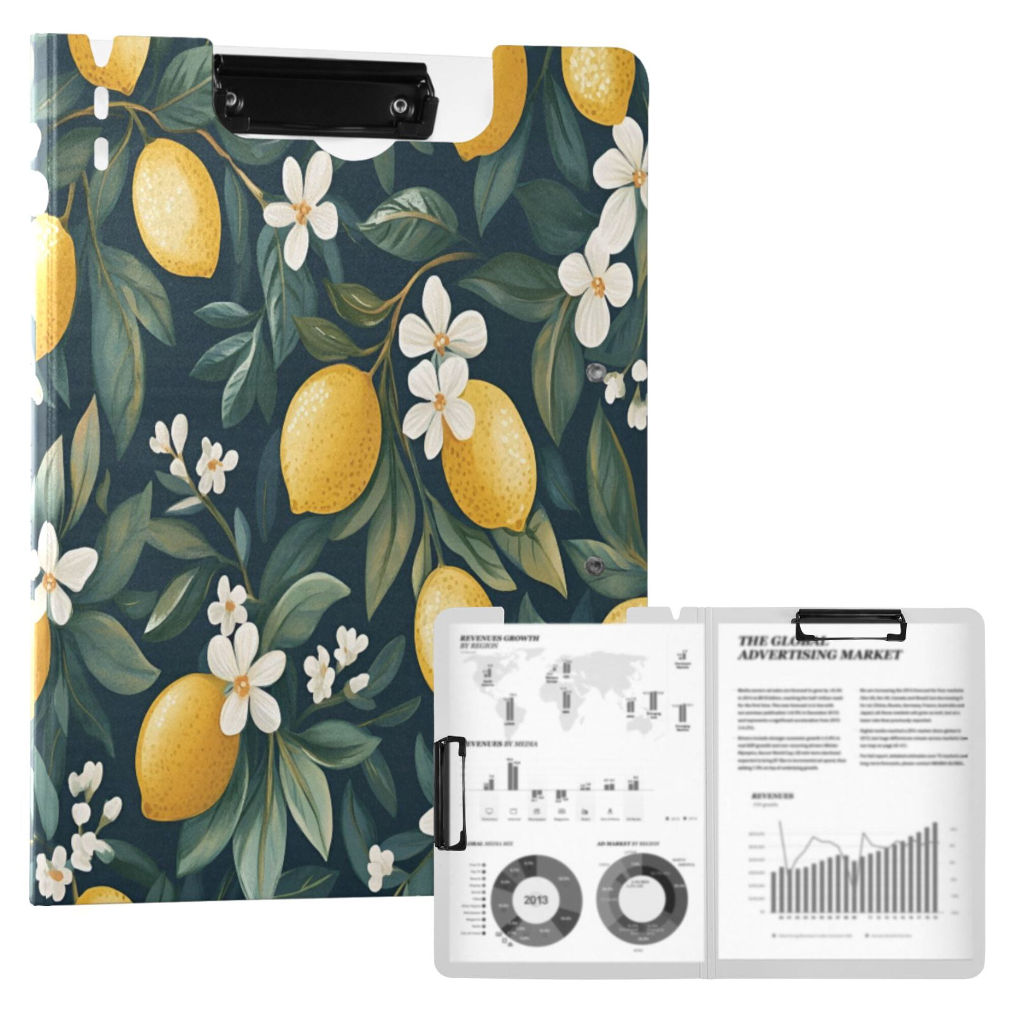 FORMRS A4 Clipboard Folder with Pen Holder Horizontal Foldable School Office Binder, Floral Lemons