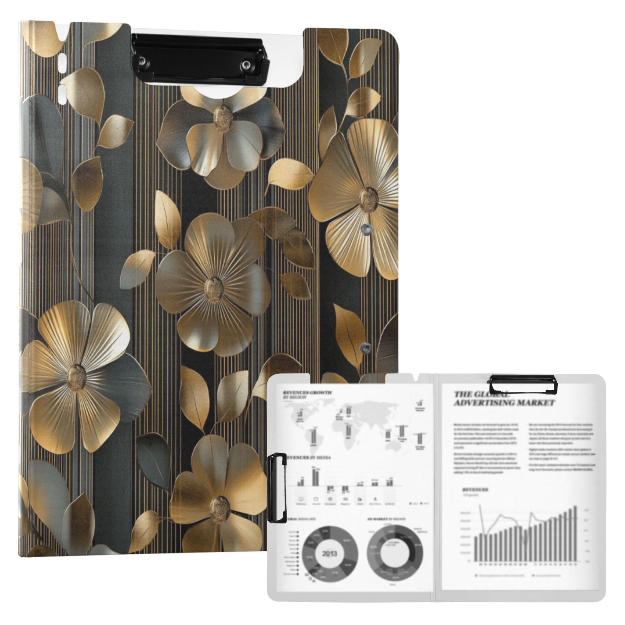 FORMRS A4 Clipboard Folder with Pen Holder Horizontal Foldable School Office Binder, Floral Lines