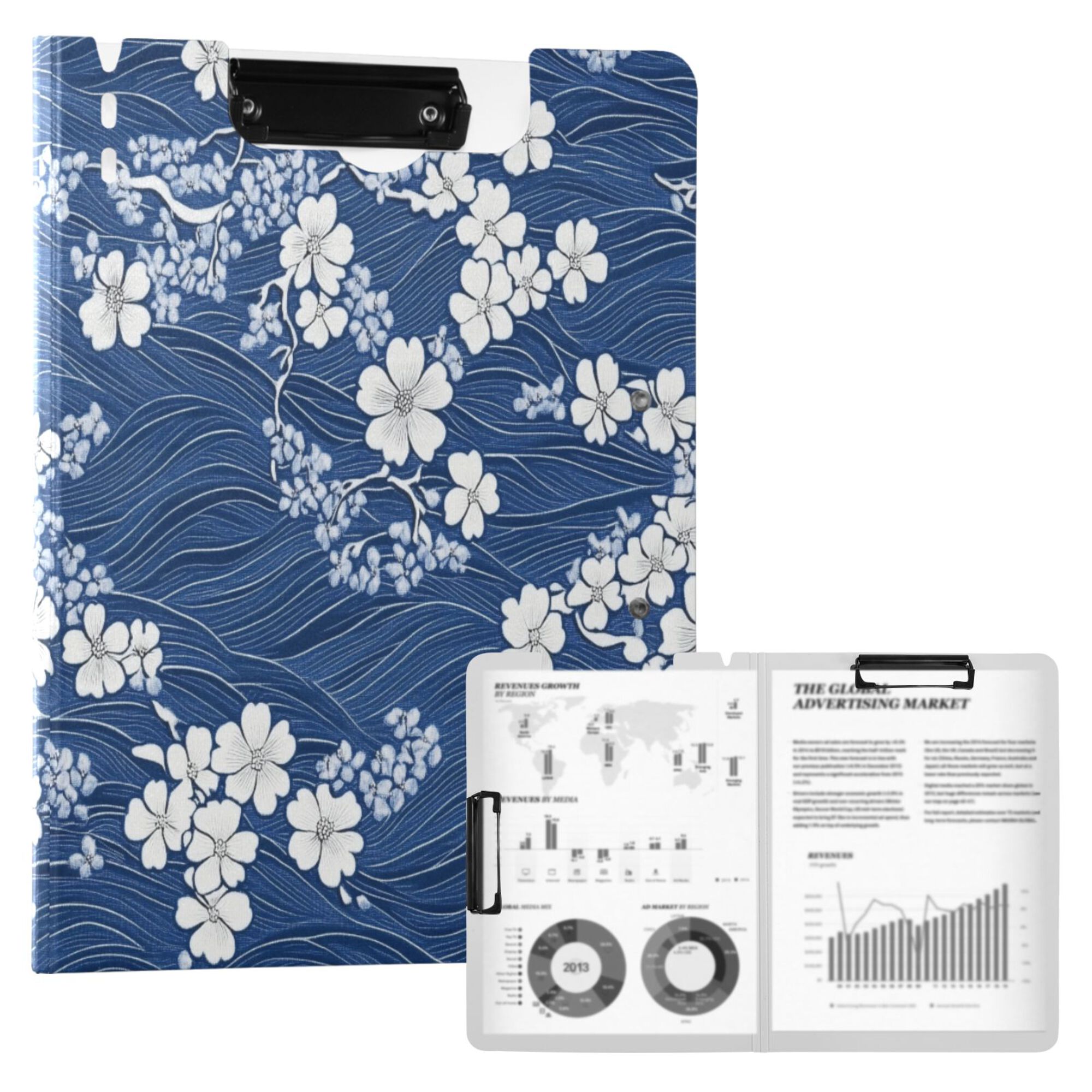 FORMRS A4 Clipboard Folder with Pen Holder Horizontal Foldable School Office Binder, Floral Ocean Waves