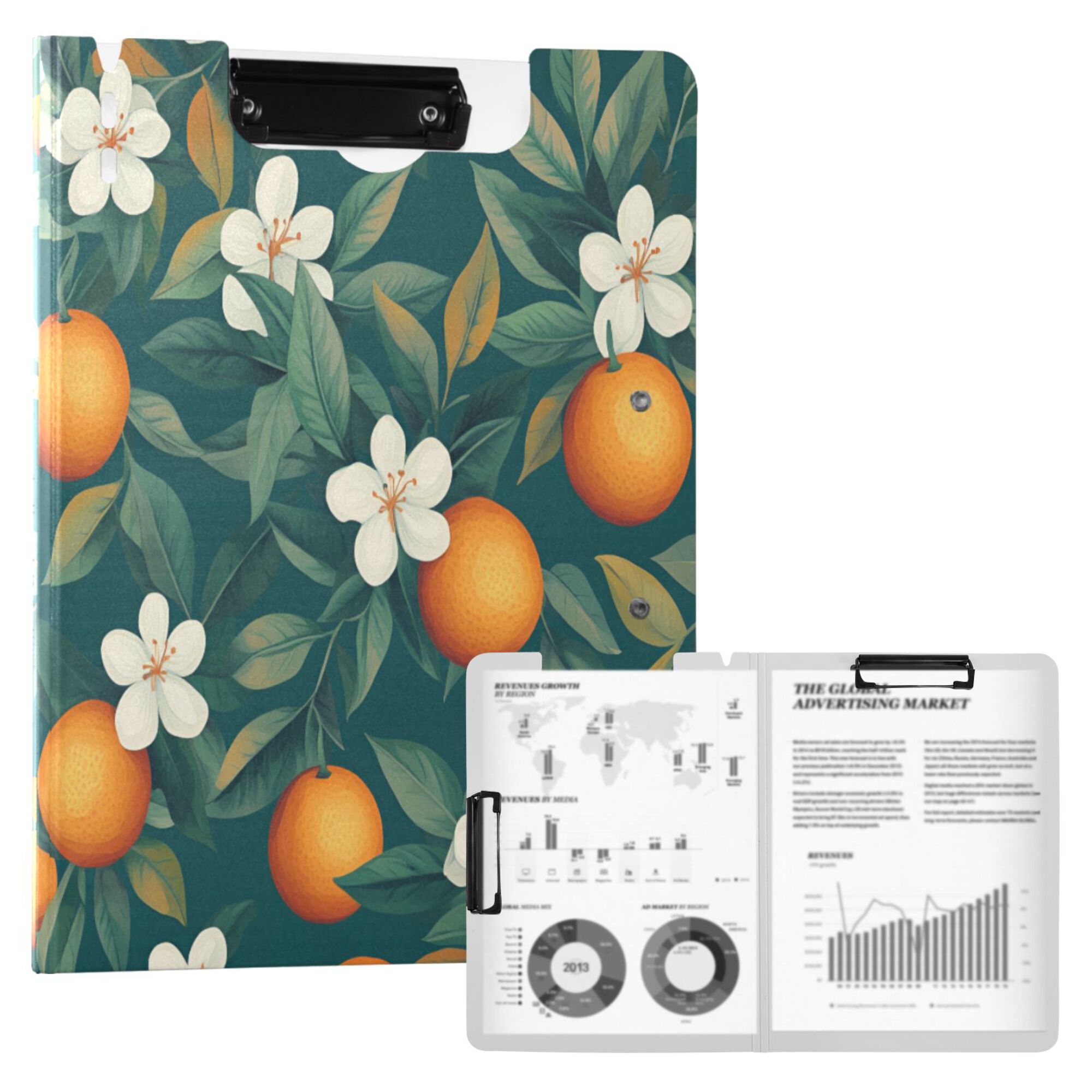 FORMRS A4 Clipboard Folder with Pen Holder Horizontal Foldable School Office Binder, Floral Orange Pattern