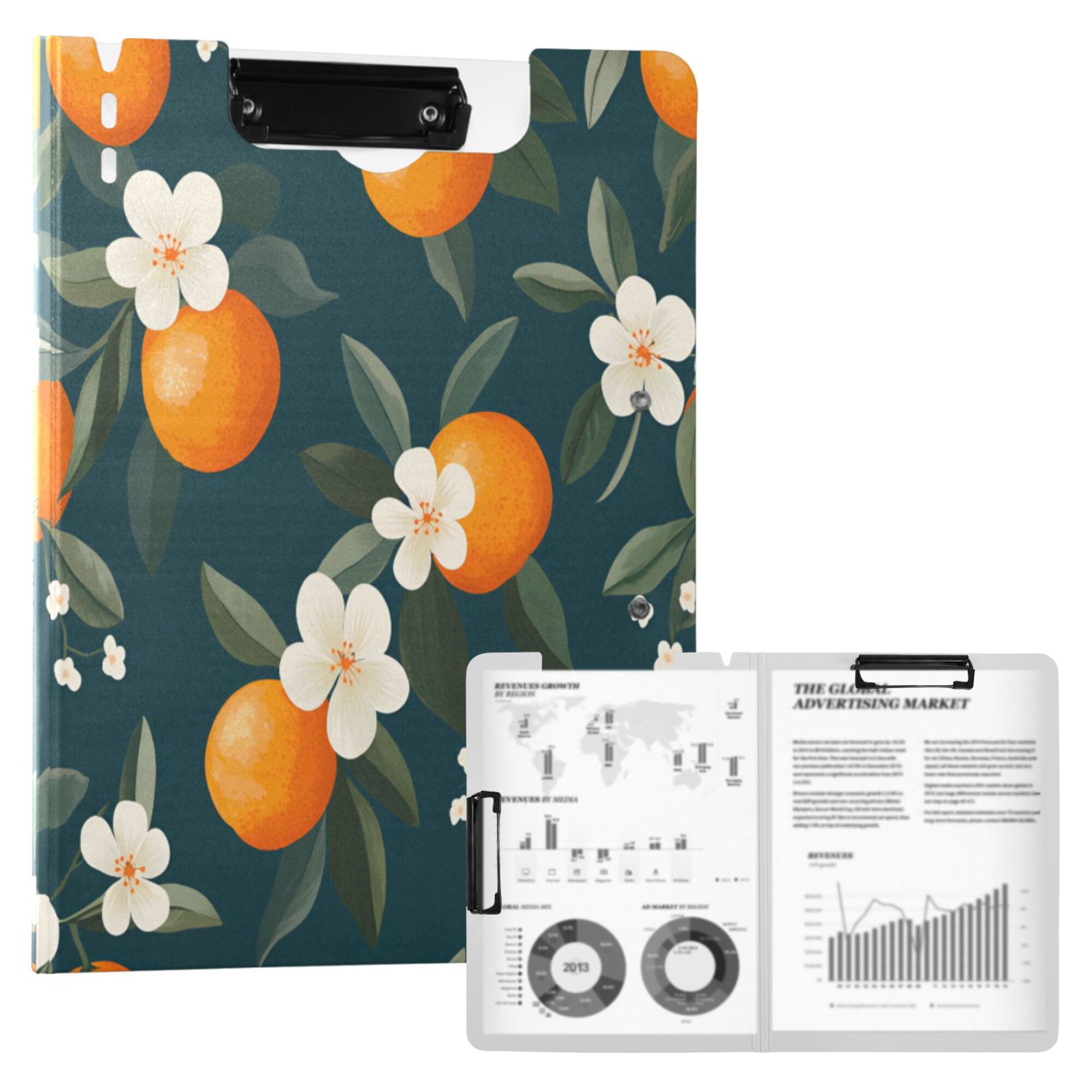FORMRS A4 Clipboard Folder with Pen Holder Horizontal Foldable School Office Binder, Floral Oranges