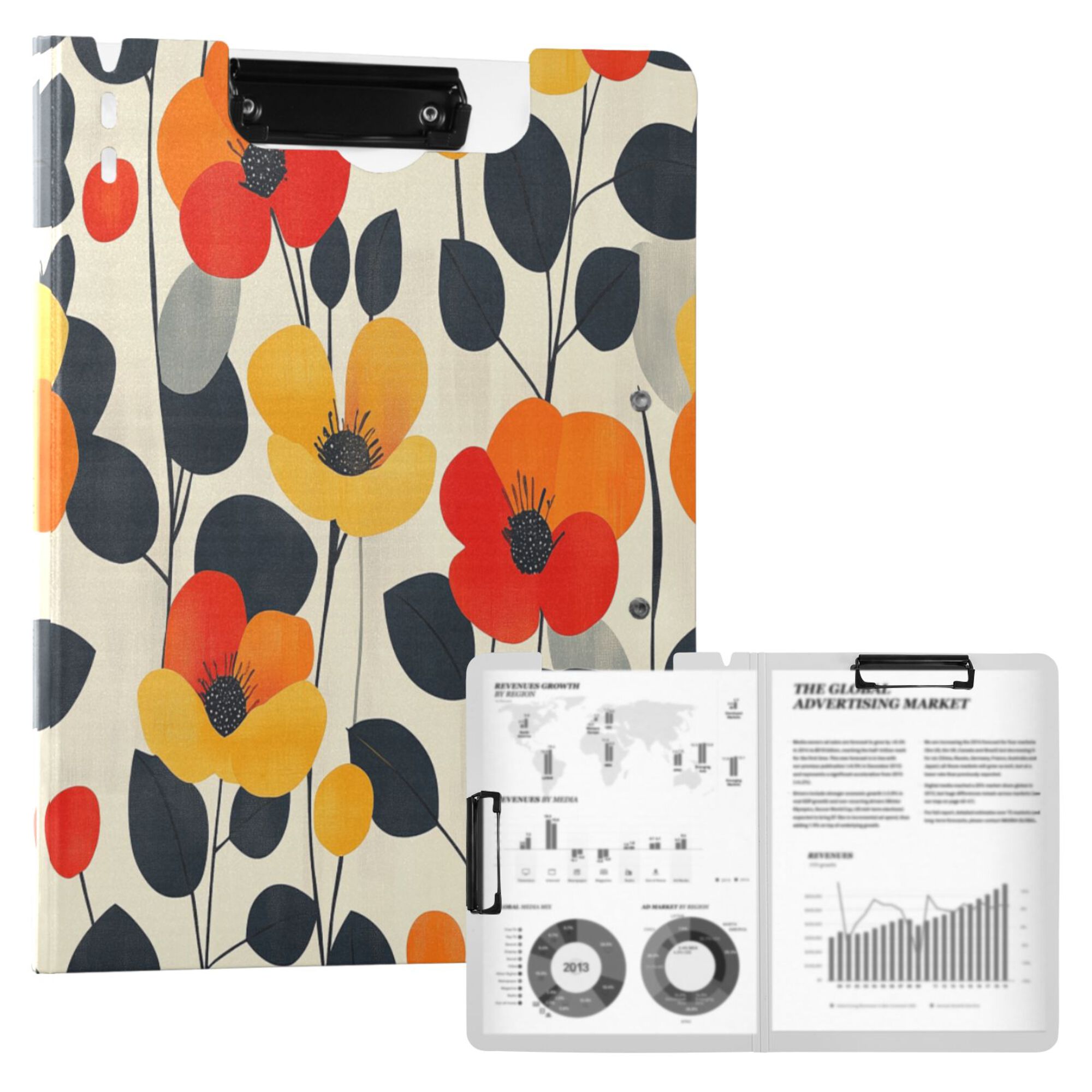 FORMRS A4 Clipboard Folder with Pen Holder Horizontal Foldable School Office Binder, Floral Pattern
