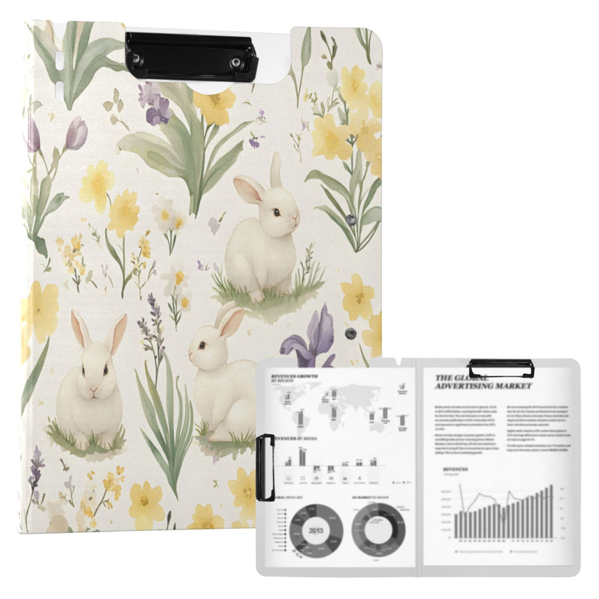 FORMRS A4 Clipboard Folder with Pen Holder Horizontal Foldable School Office Binder, Floral Rabbit