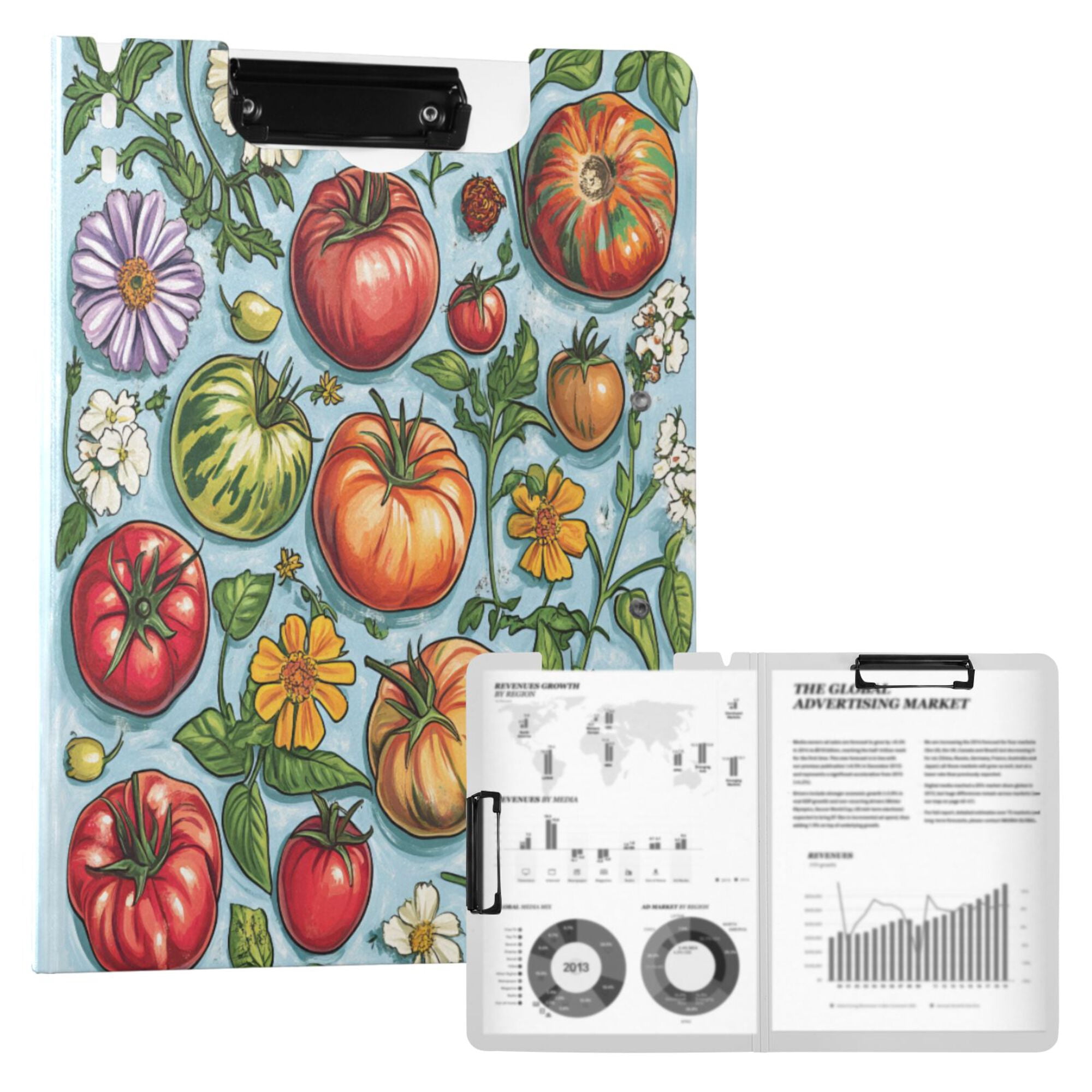 FORMRS A4 Clipboard Folder with Pen Holder Horizontal Foldable School Office Binder, Floral Tomatoes