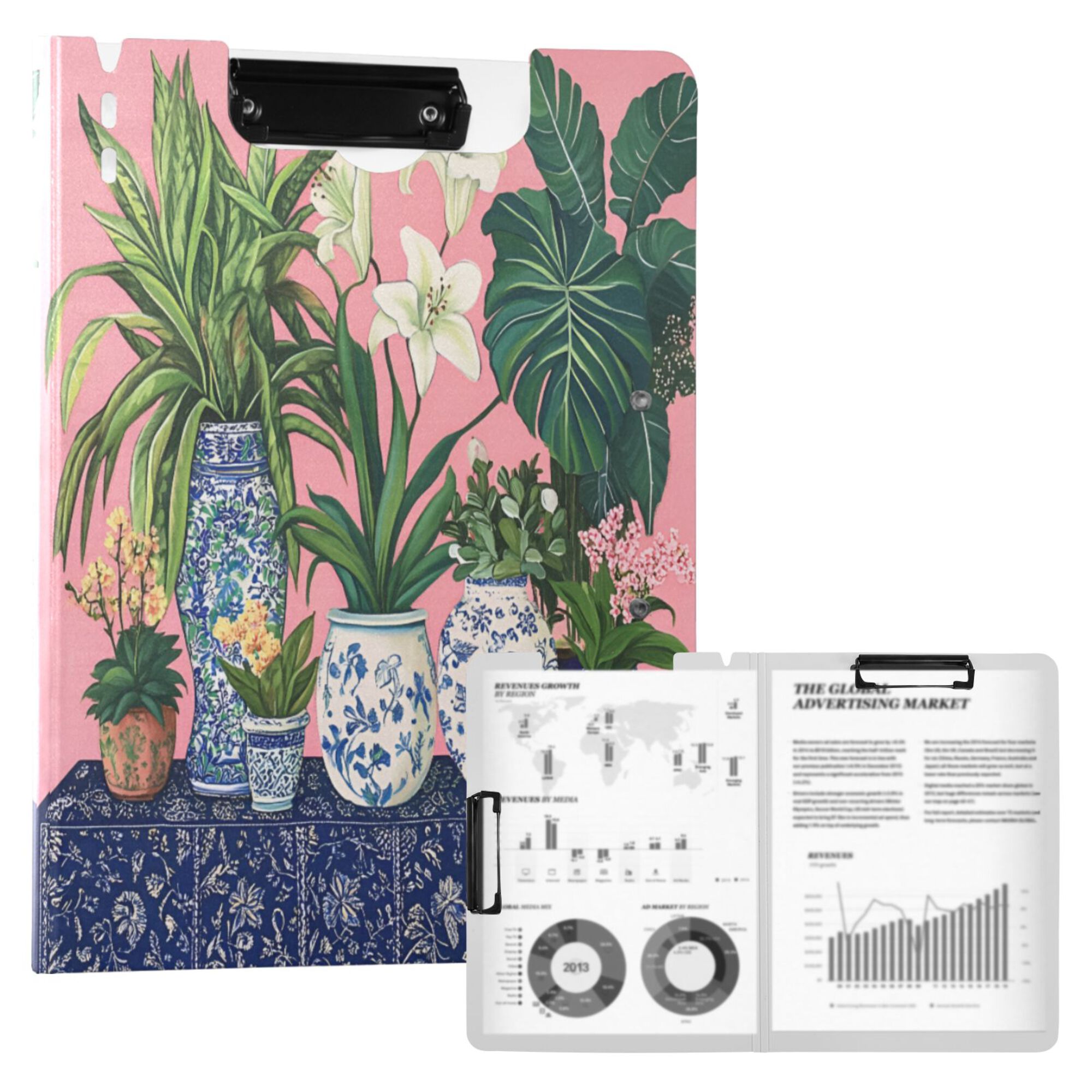 FORMRS A4 Clipboard Folder with Pen Holder Horizontal Foldable School Office Binder, Floral Vase