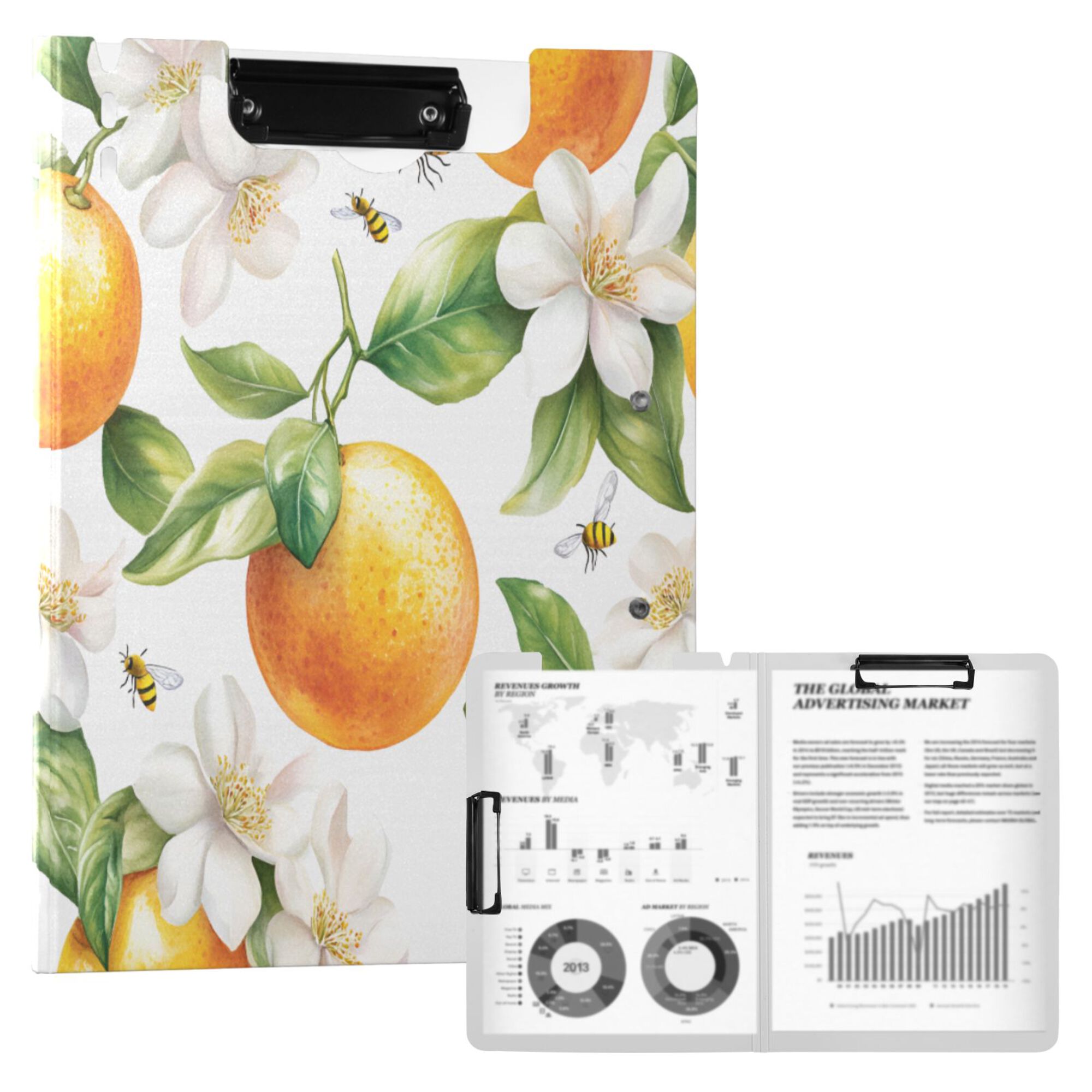 FORMRS A4 Clipboard Folder with Pen Holder Horizontal Foldable School Office Binder, Floral Watercolor Oranges