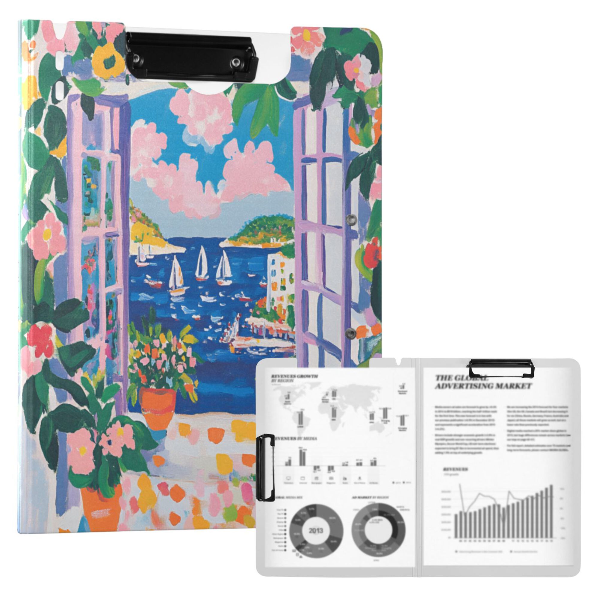 FORMRS A4 Clipboard Folder with Pen Holder Horizontal Foldable School Office Binder, Floral Window