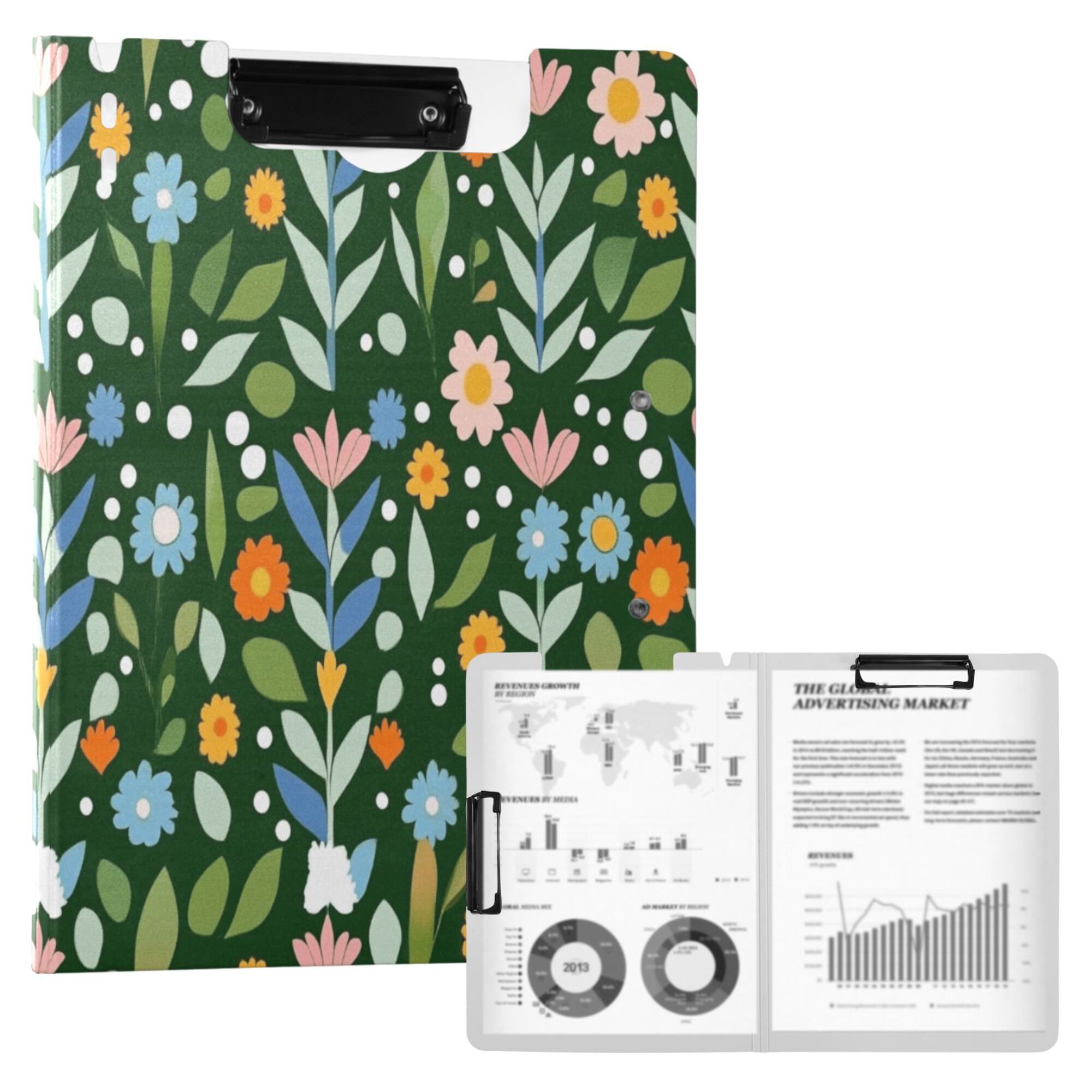 FORMRS A4 Clipboard Folder with Pen Holder Horizontal Foldable School Office Binder, Flourish Flowers Pattern