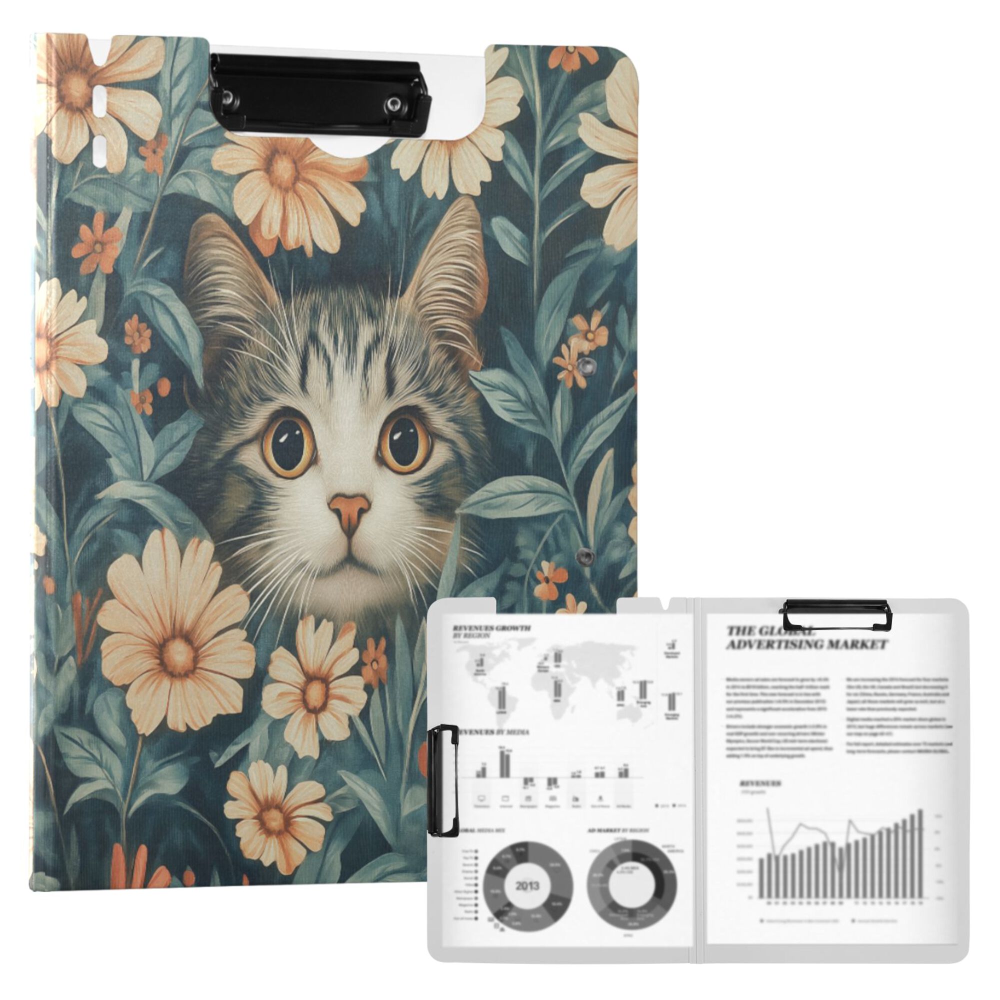FORMRS A4 Clipboard Folder with Pen Holder Horizontal Foldable School Office Binder, Flowers Cat