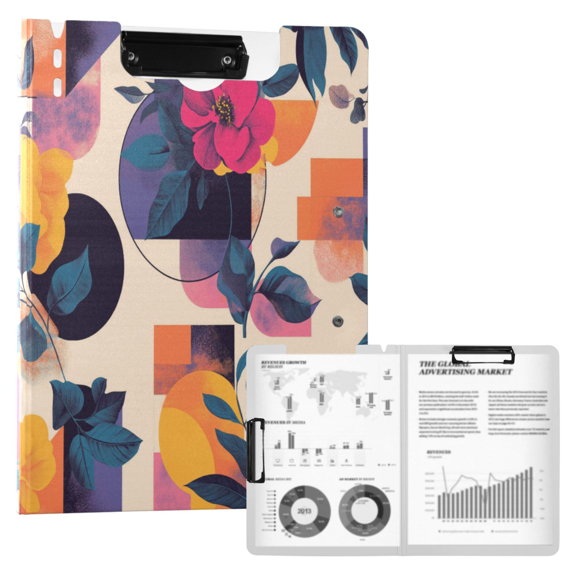 FORMRS A4 Clipboard Folder with Pen Holder Horizontal Foldable School Office Binder, Flowers Pattern Style