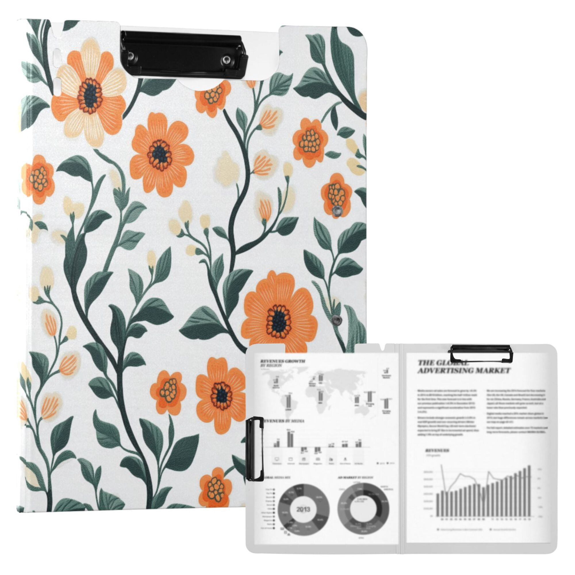 FORMRS A4 Clipboard Folder with Pen Holder Horizontal Foldable School Office Binder, Flowers Pattern
