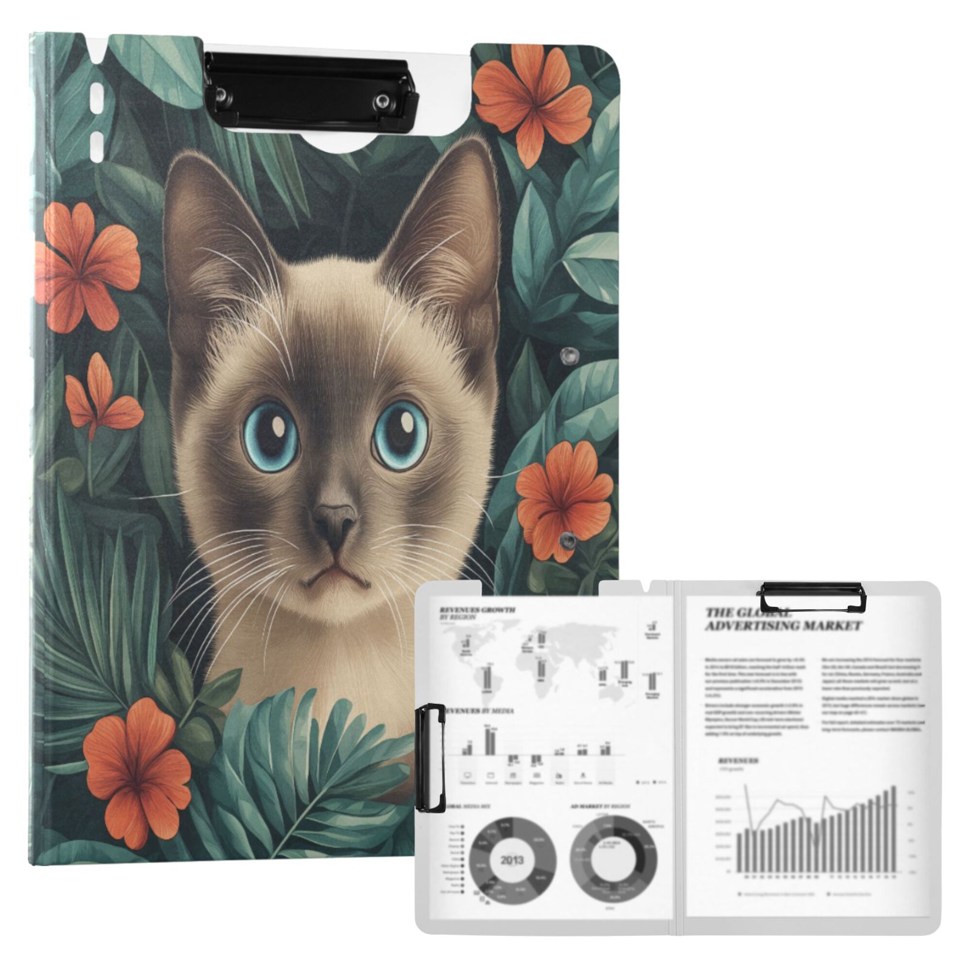 FORMRS A4 Clipboard Folder with Pen Holder Horizontal Foldable School Office Binder, Flowers and Cat