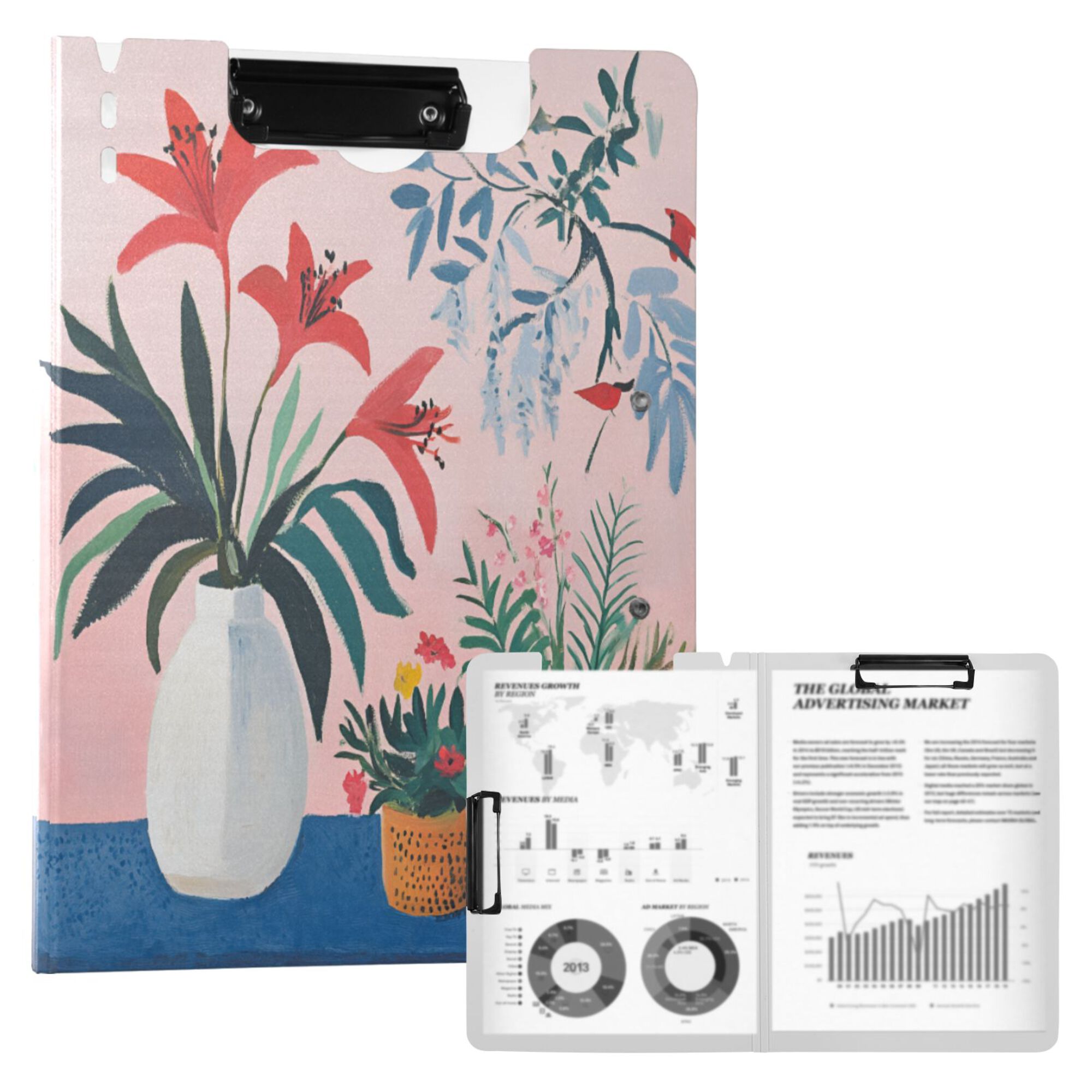 FORMRS A4 Clipboard Folder with Pen Holder Horizontal Foldable School Office Binder, Flowers and Leaves