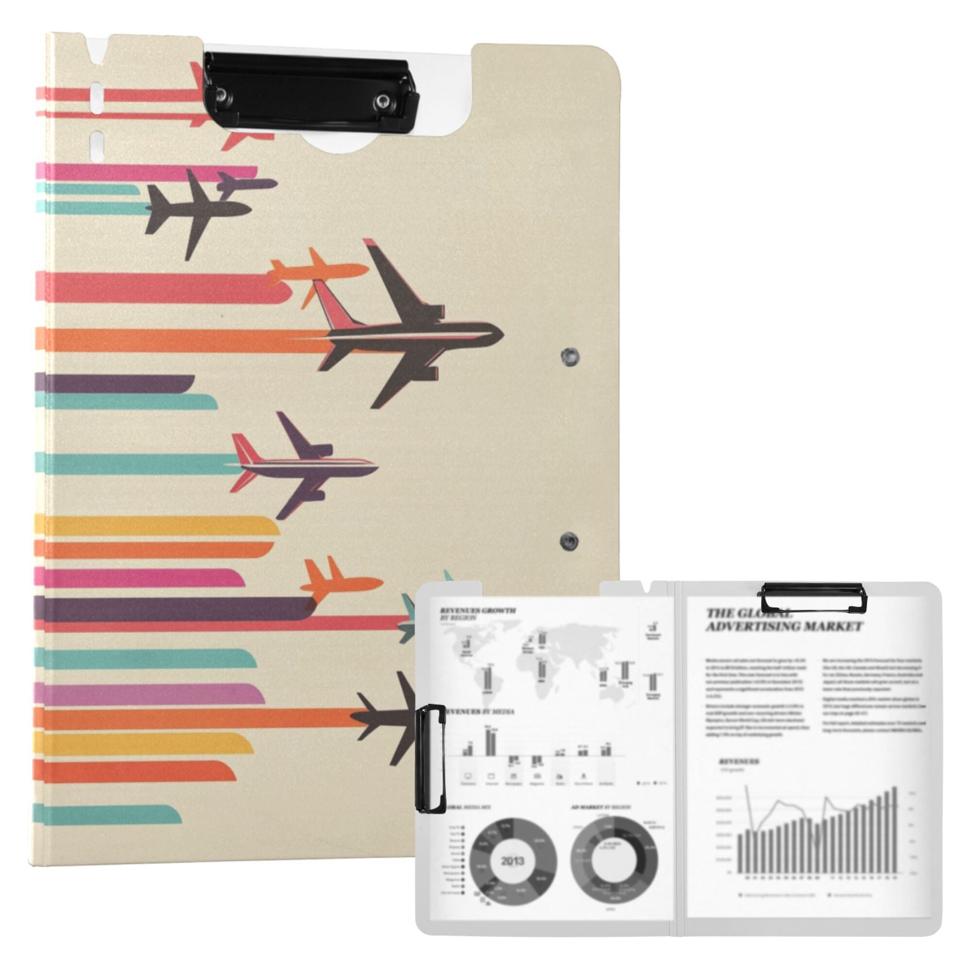 FORMRS A4 Clipboard Folder with Pen Holder Horizontal Foldable School Office Binder, Flying Planes