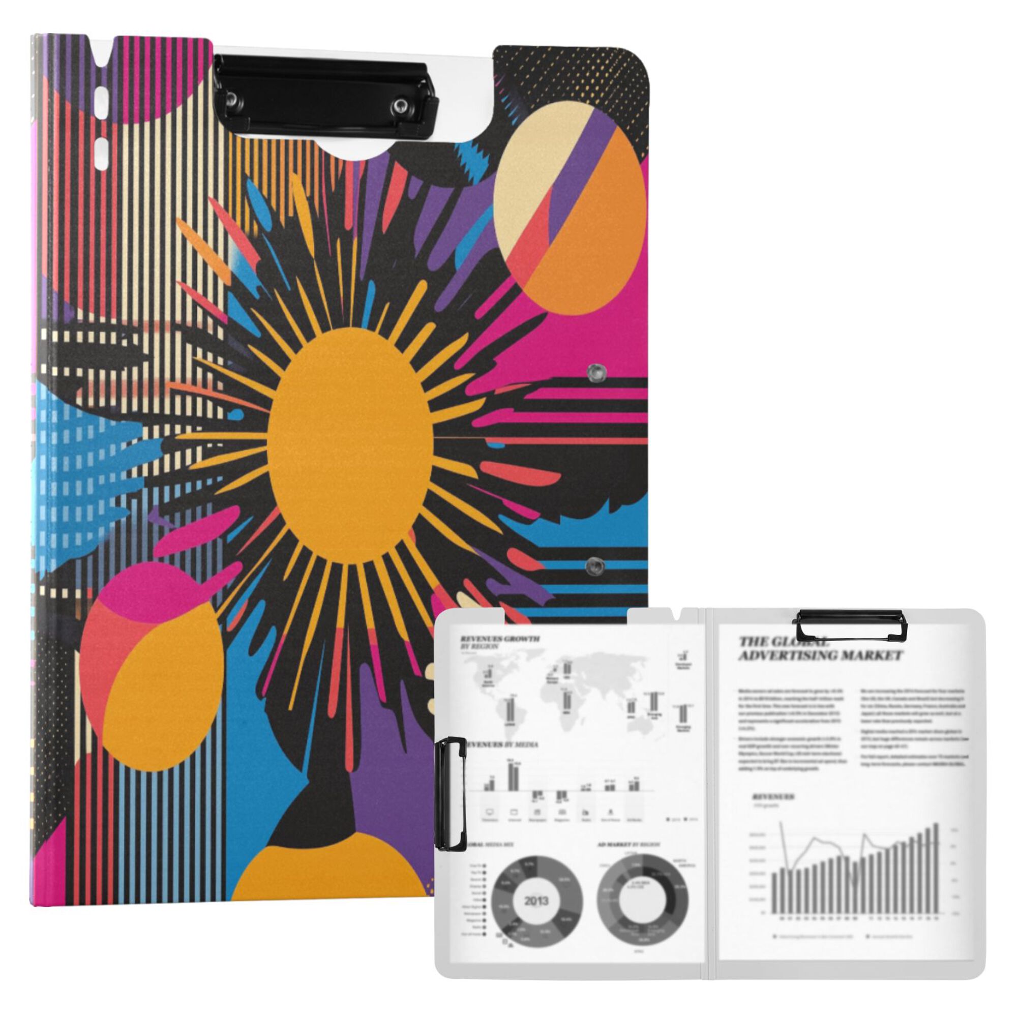 FORMRS A4 Clipboard Folder with Pen Holder Horizontal Foldable School Office Binder, Futuristic Circles