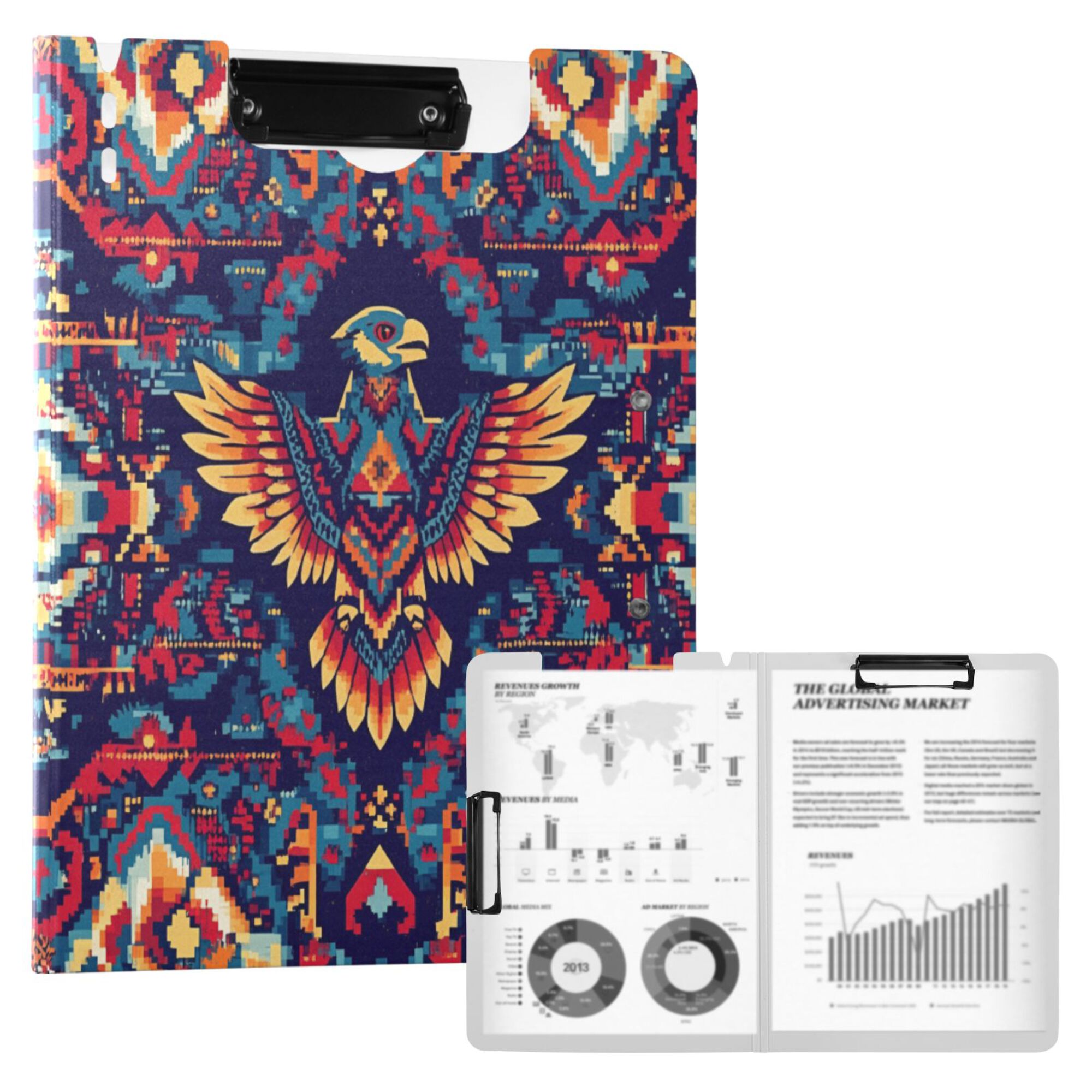 FORMRS A4 Clipboard Folder with Pen Holder Horizontal Foldable School Office Binder, Geometric Eagle