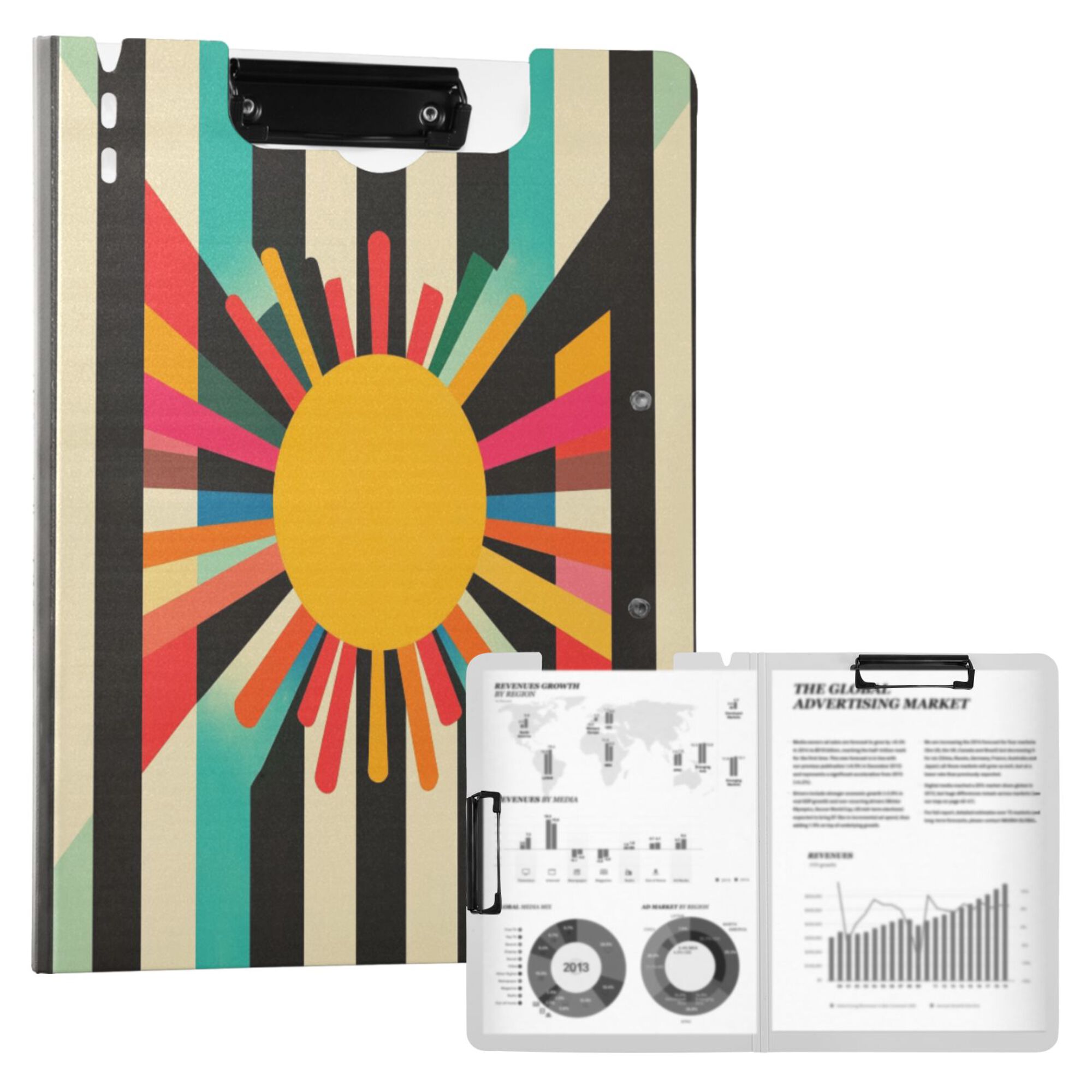 FORMRS A4 Clipboard Folder with Pen Holder Horizontal Foldable School Office Binder, Geometric Sun