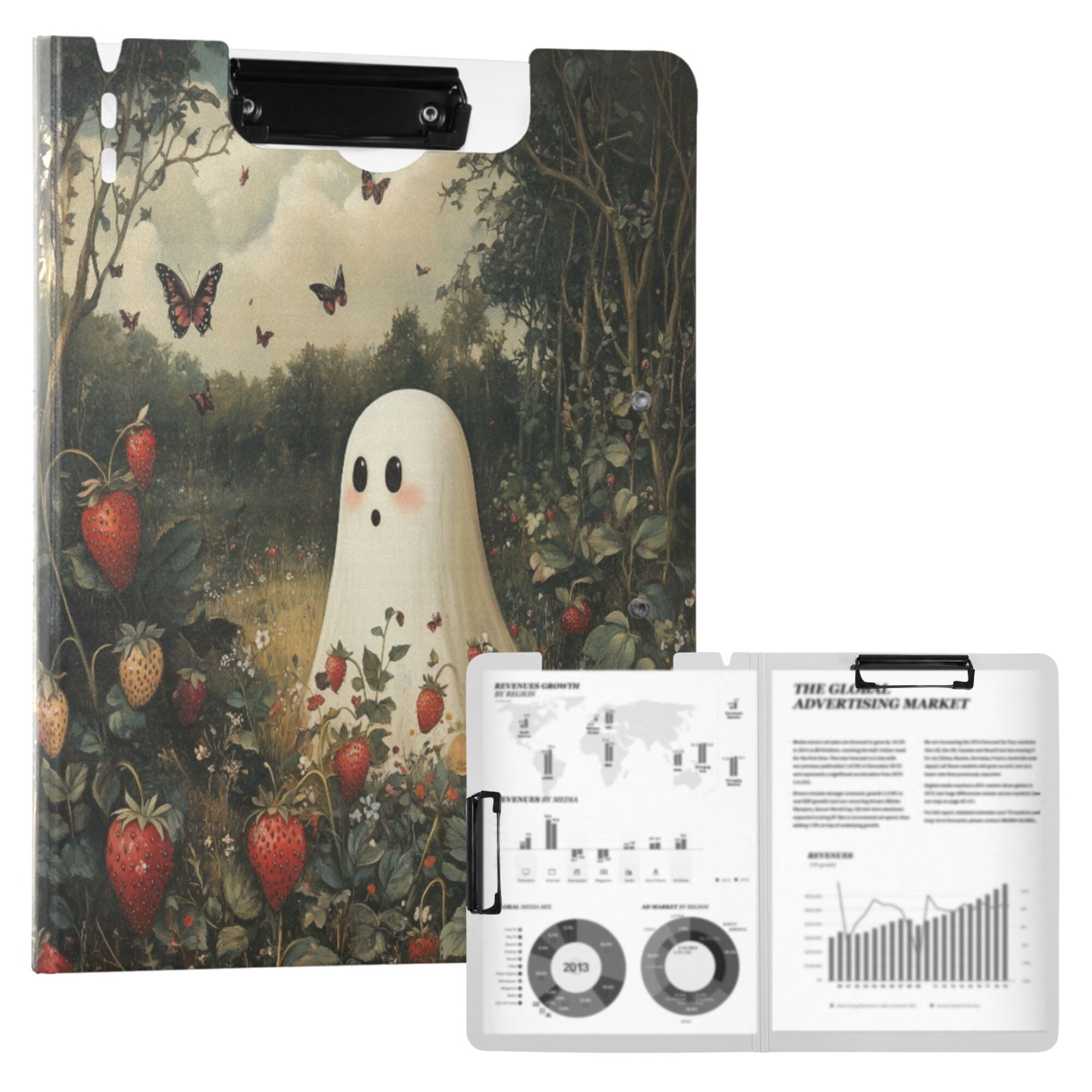 FORMRS A4 Clipboard Folder with Pen Holder Horizontal Foldable School Office Binder, Ghost in Strawberry Fields