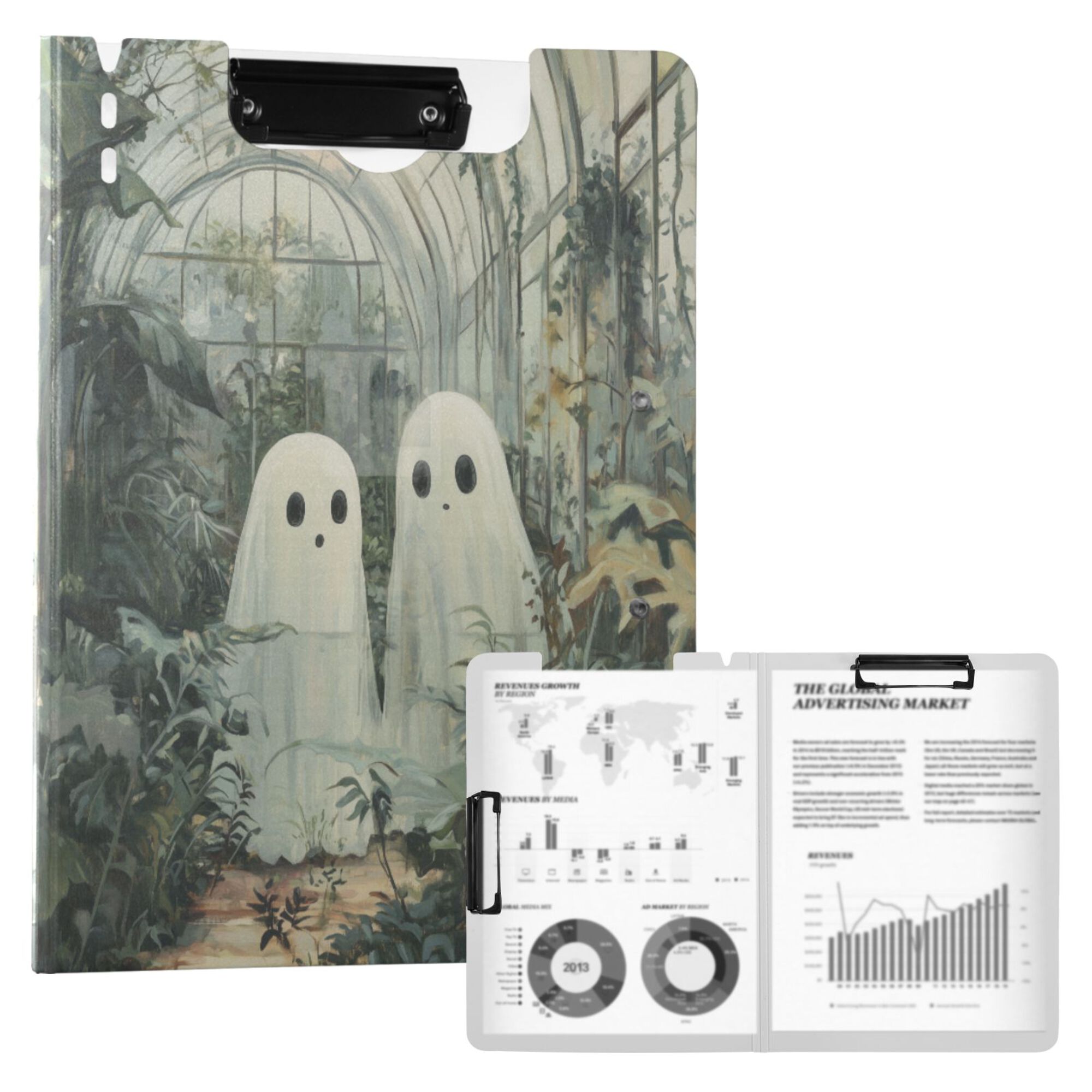 FORMRS A4 Clipboard Folder with Pen Holder Horizontal Foldable School Office Binder, Ghosts Playing in A Garden