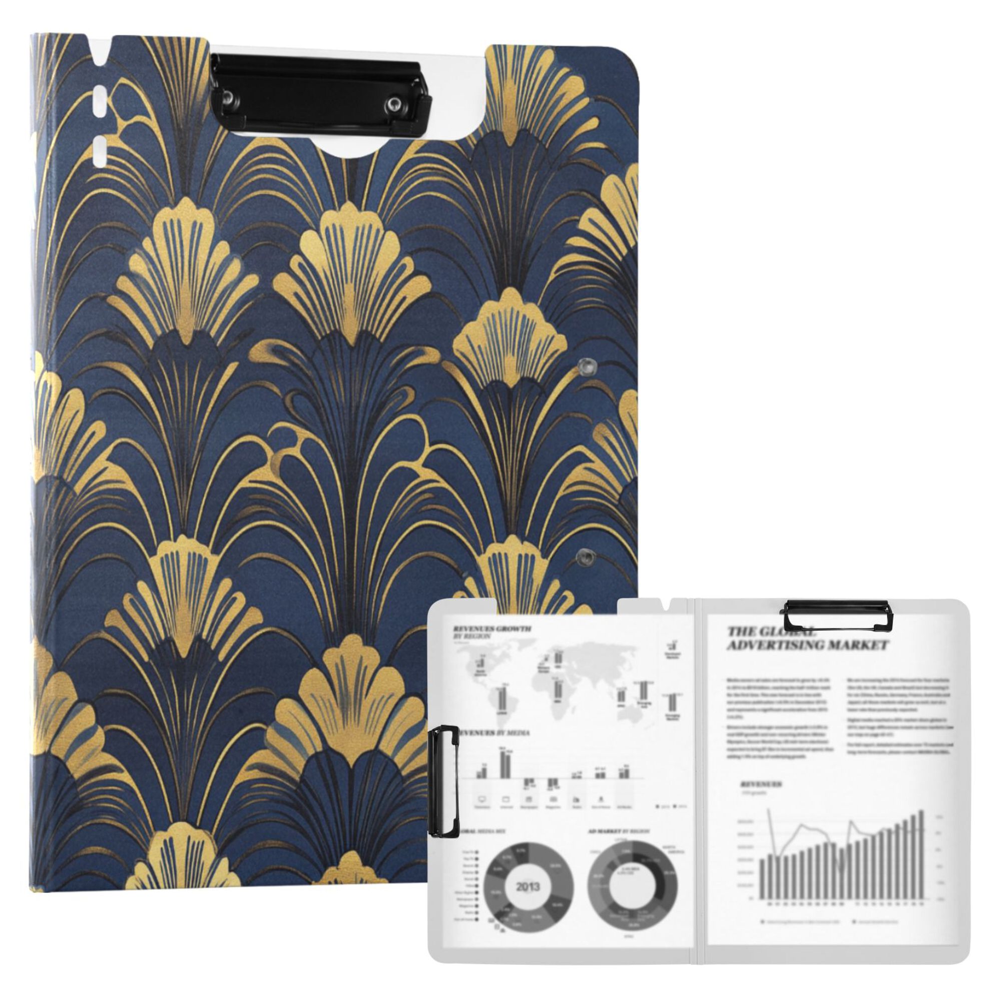 FORMRS A4 Clipboard Folder with Pen Holder Horizontal Foldable School Office Binder, Gold Art Pattern