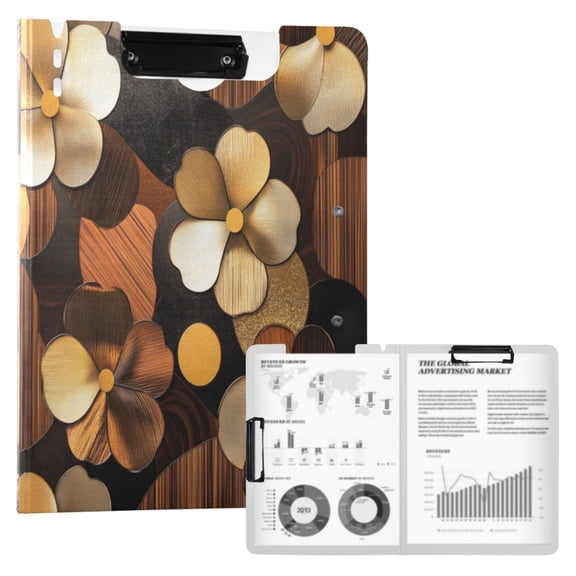 FORMRS A4 Clipboard Folder with Pen Holder Horizontal Foldable School Office Binder, Gold Flower