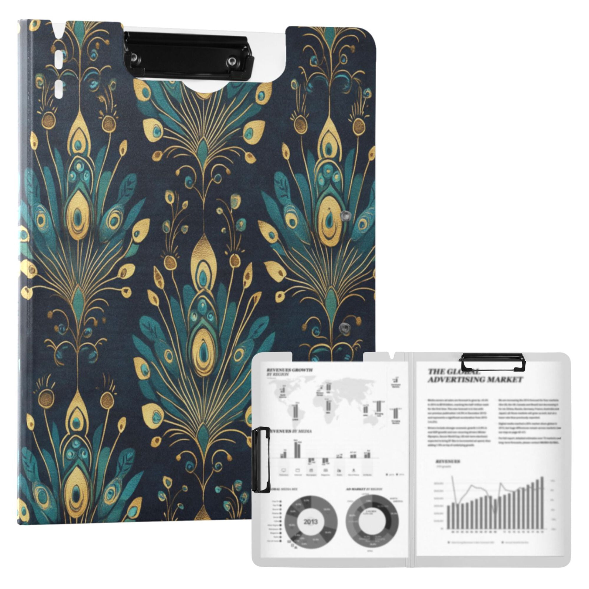 FORMRS A4 Clipboard Folder with Pen Holder Horizontal Foldable School Office Binder, Gold Peacock Pattern