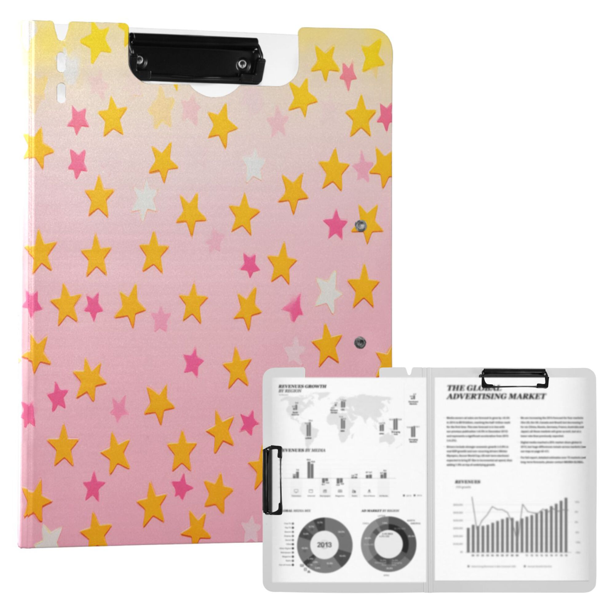 FORMRS A4 Clipboard Folder with Pen Holder Horizontal Foldable School Office Binder, Gradient Pink Stars