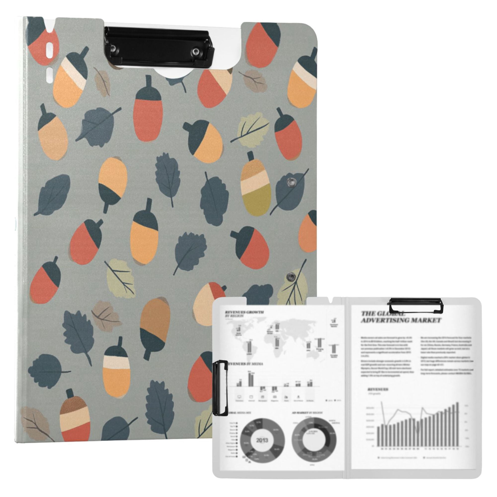 FORMRS A4 Clipboard Folder with Pen Holder Horizontal Foldable School Office Binder, Gray Acorns Pattern