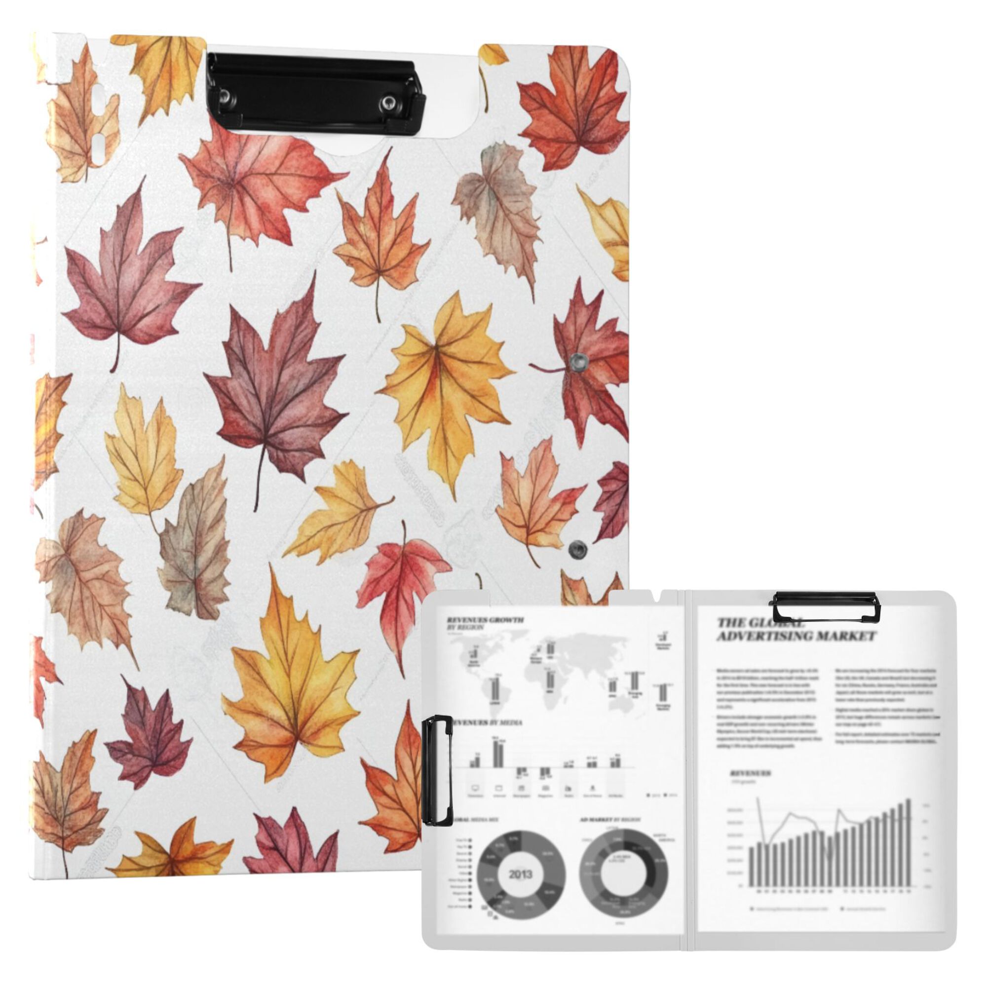 FORMRS A4 Clipboard Folder with Pen Holder Horizontal Foldable School Office Binder, Gray Autumn Leaves