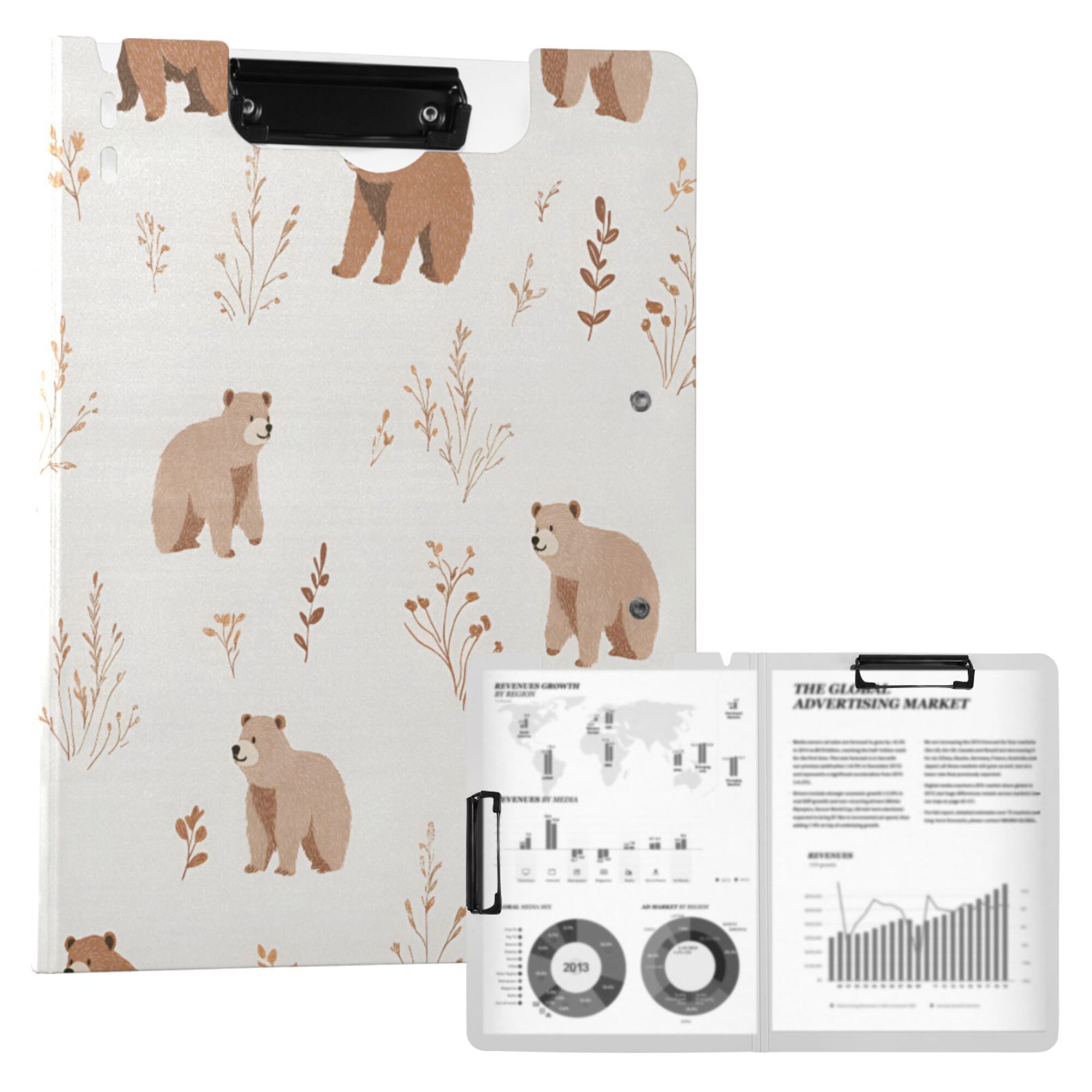 FORMRS A4 Clipboard Folder with Pen Holder Horizontal Foldable School Office Binder, Gray Bears