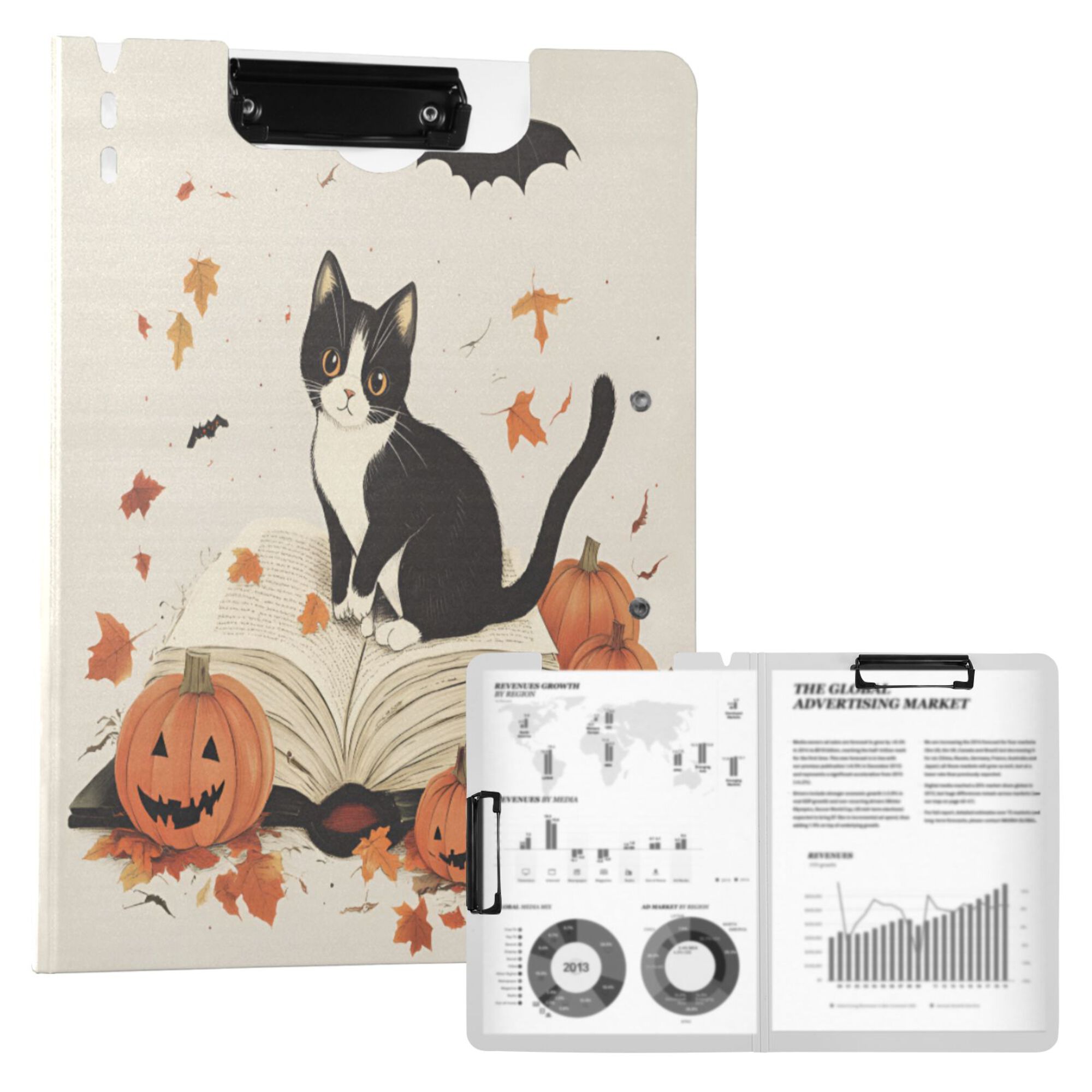 FORMRS A4 Clipboard Folder with Pen Holder Horizontal Foldable School Office Binder, Gray Cartoon Halloween Cat
