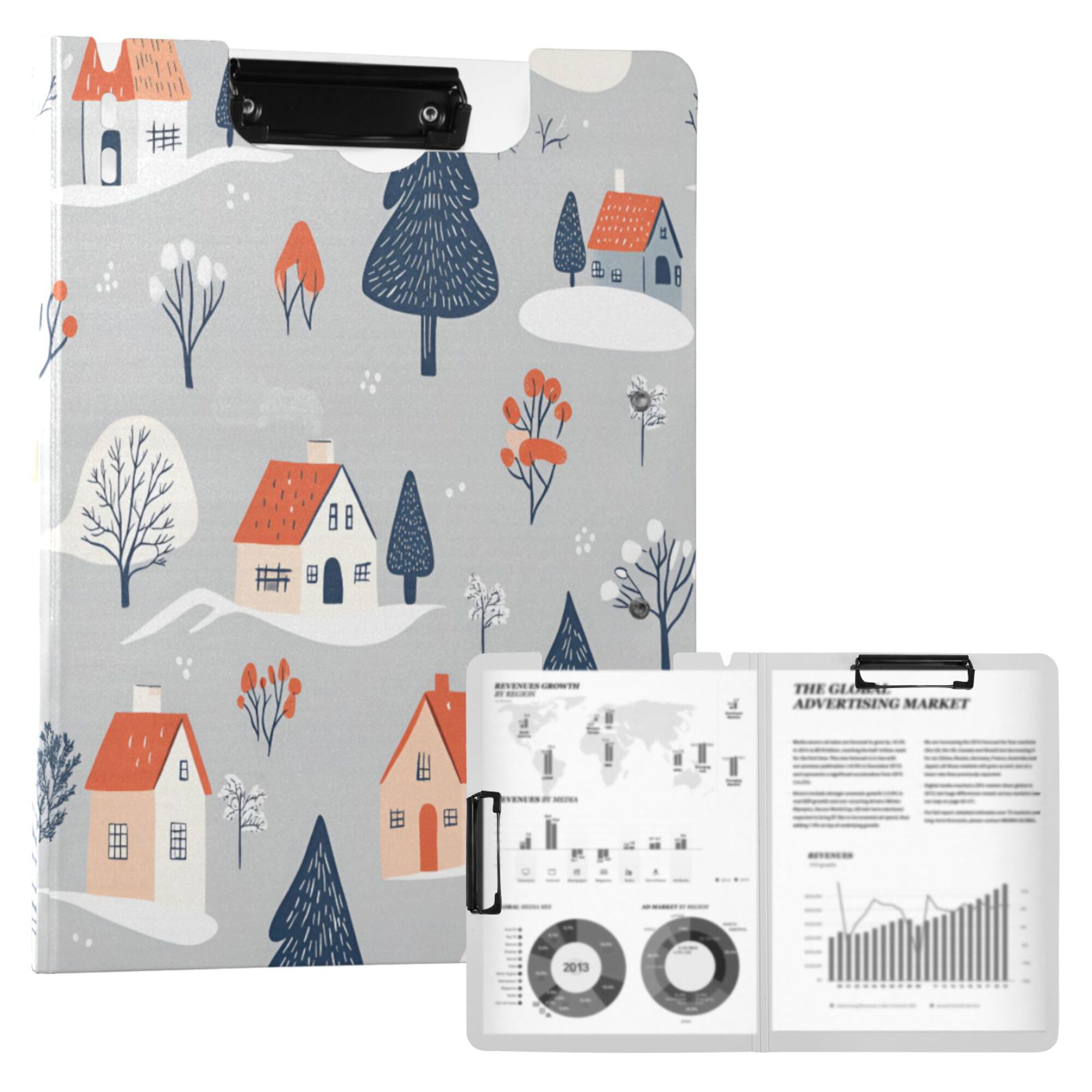 FORMRS A4 Clipboard Folder with Pen Holder Horizontal Foldable School Office Binder, Gray Cartoon Houses