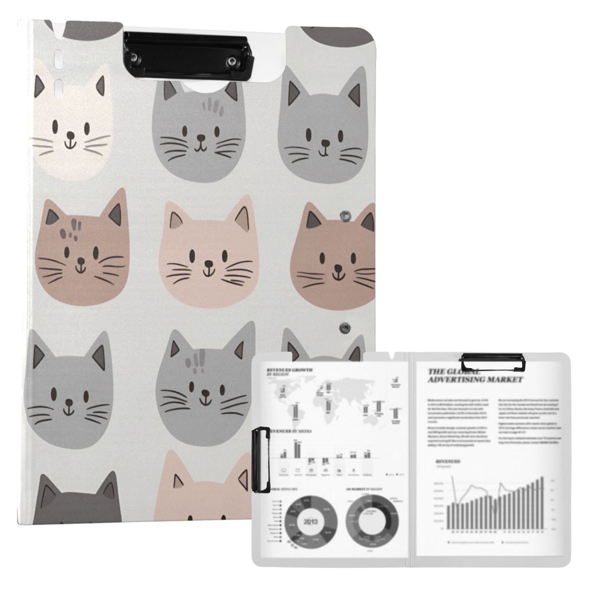 FORMRS A4 Clipboard Folder with Pen Holder Horizontal Foldable School Office Binder, Gray Cat Pattern