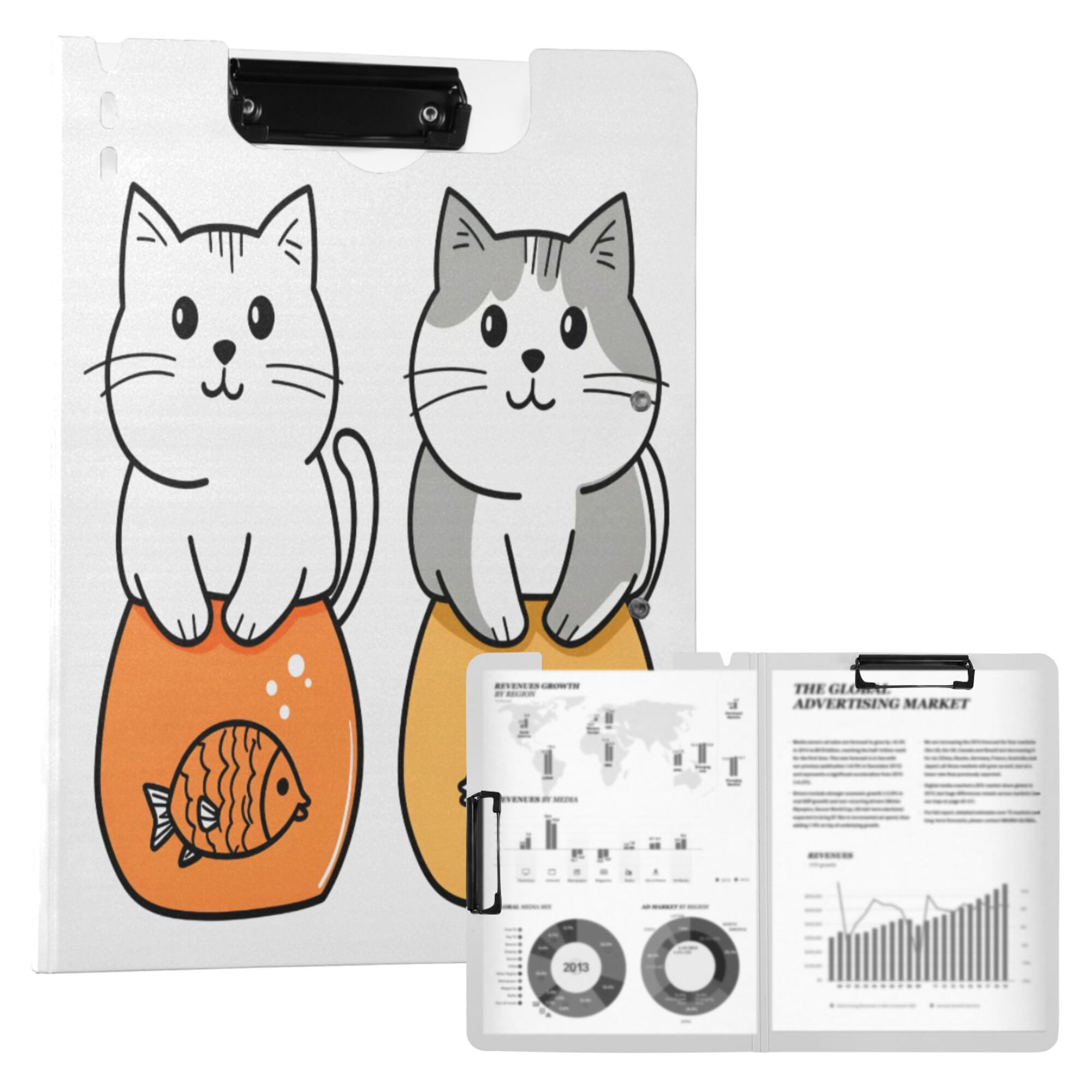 FORMRS A4 Clipboard Folder with Pen Holder Horizontal Foldable School Office Binder, Gray Cute Cat
