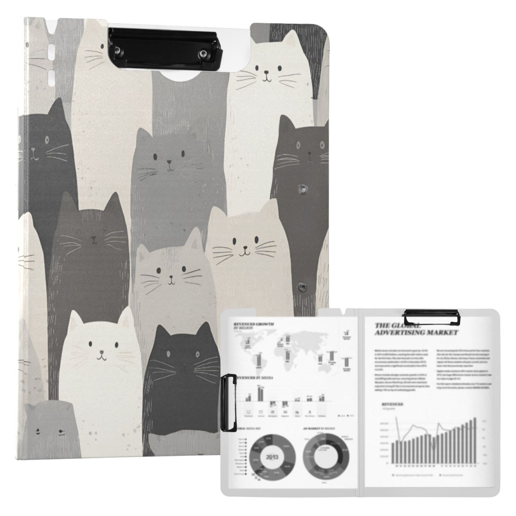 FORMRS A4 Clipboard Folder with Pen Holder Horizontal Foldable School Office Binder, Gray Cute Cats