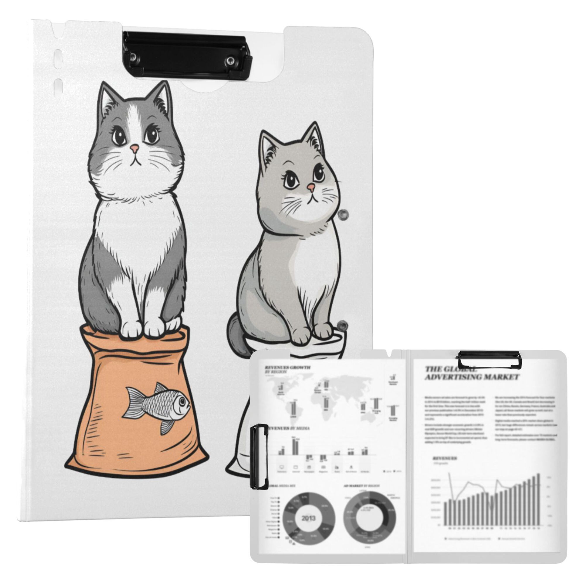 FORMRS A4 Clipboard Folder with Pen Holder Horizontal Foldable School Office Binder, Gray Cute Chubby Cat