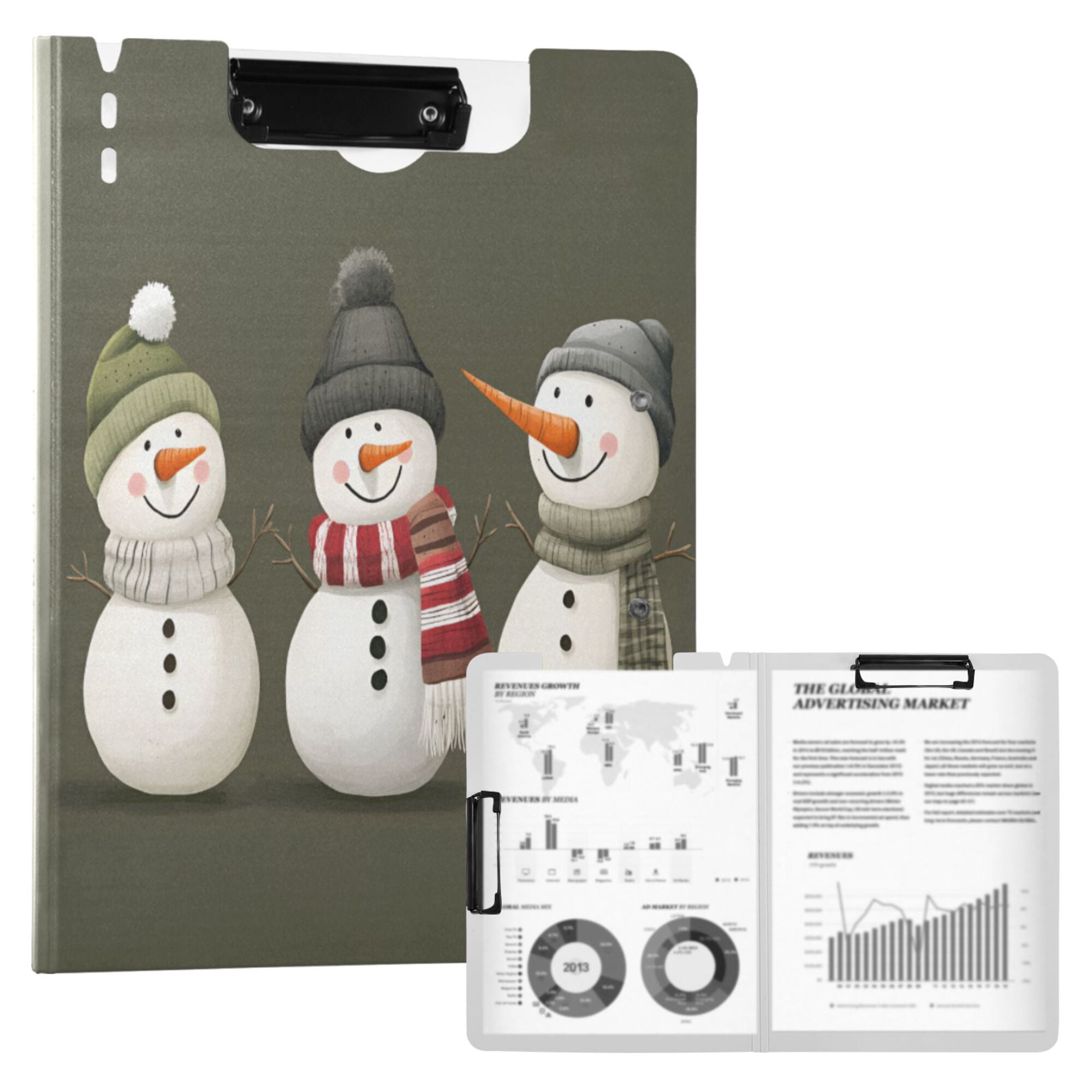FORMRS A4 Clipboard Folder with Pen Holder Horizontal Foldable School Office Binder, Gray Cute Snowmen