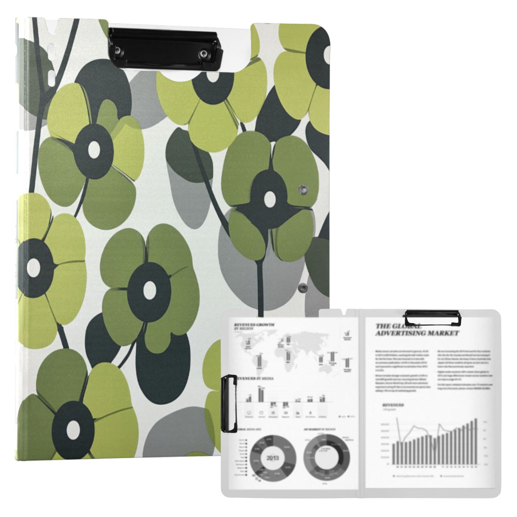 FORMRS A4 Clipboard Folder with Pen Holder Horizontal Foldable School Office Binder, Gray Floral