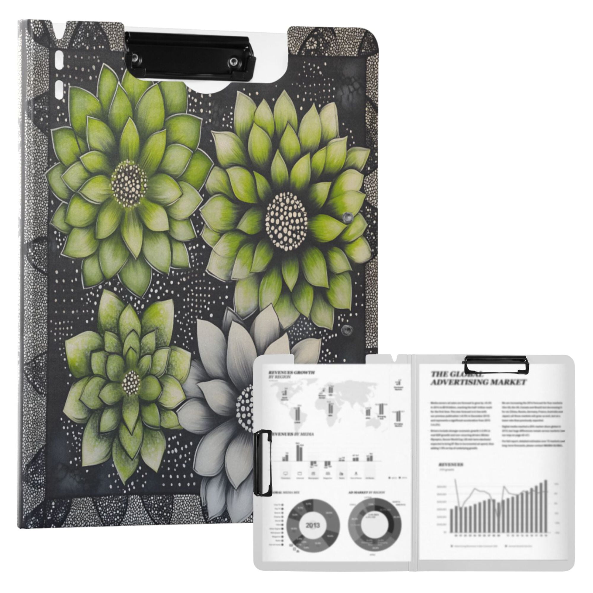 FORMRS A4 Clipboard Folder with Pen Holder Horizontal Foldable School Office Binder, Gray Floral