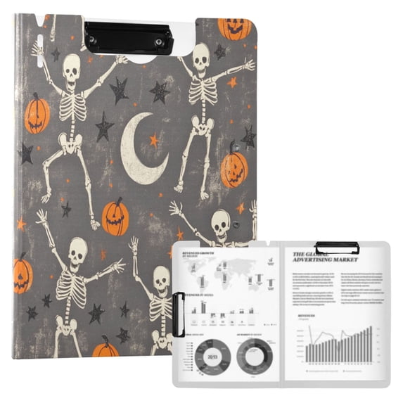 FORMRS A4 Clipboard Folder with Pen Holder Horizontal Foldable School Office Binder, Gray Halloween Skeleton