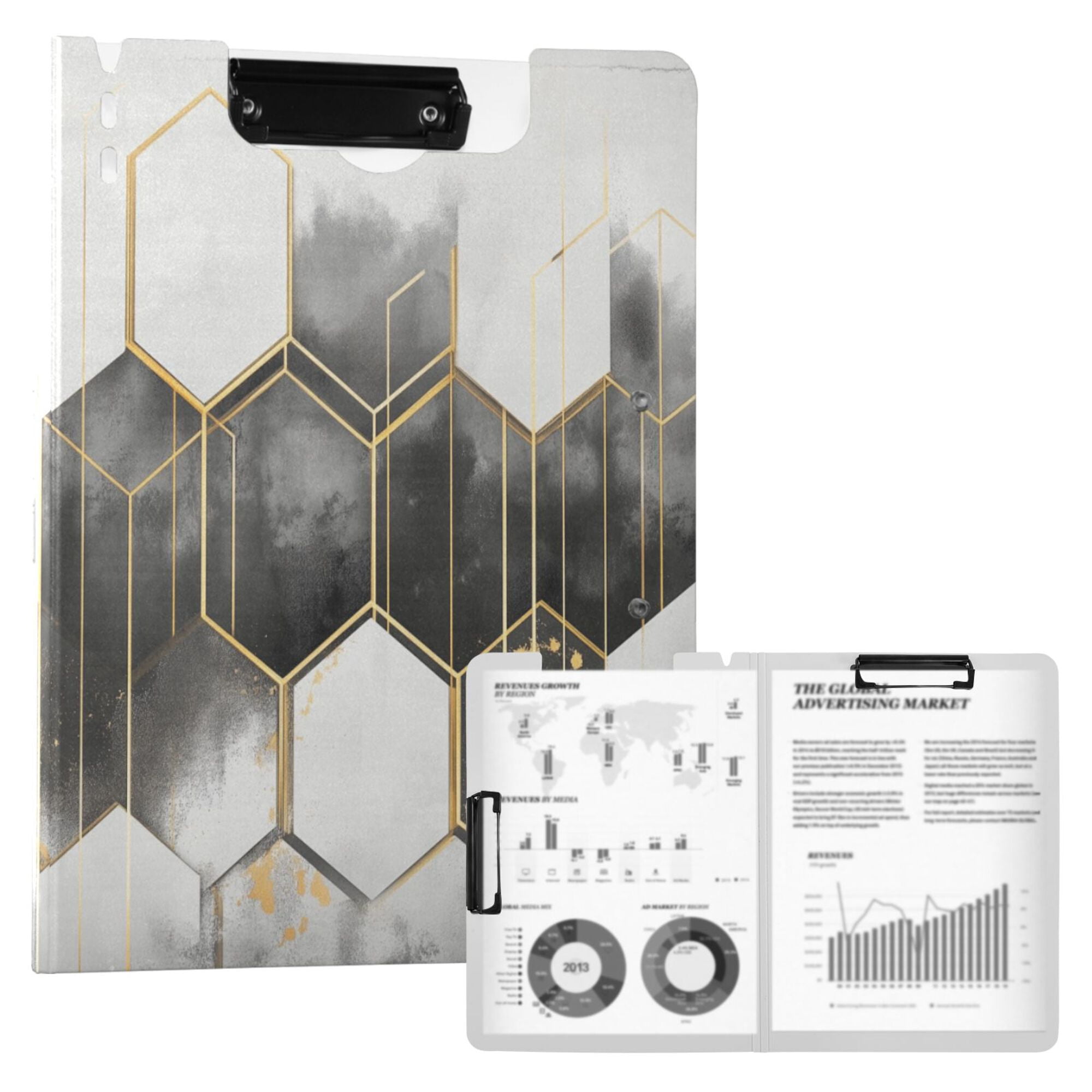 FORMRS A4 Clipboard Folder with Pen Holder Horizontal Foldable School Office Binder, Gray Hexagons